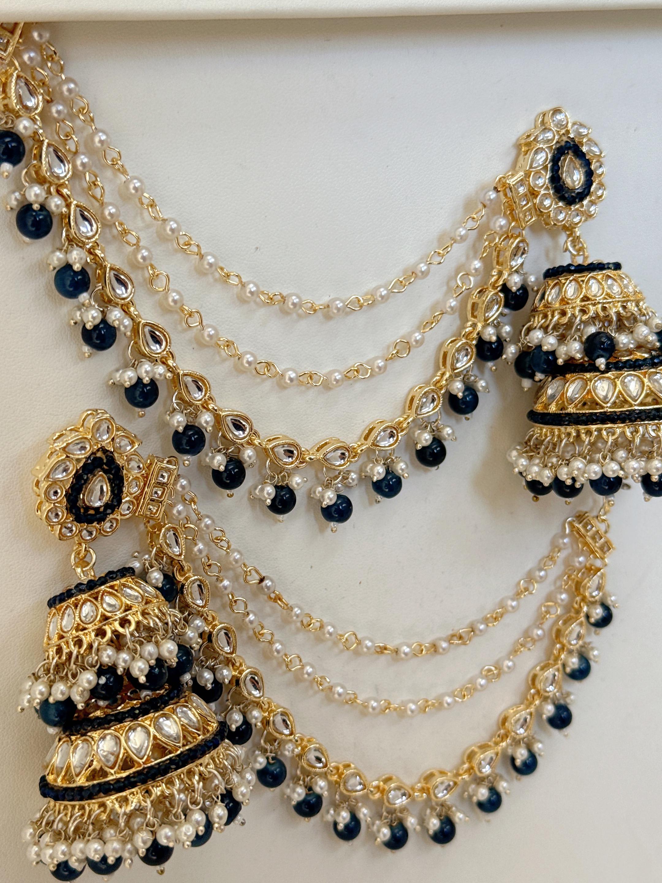 Blue Bahubali Kundan Pearl Jhumka Earrings Set/Jhumka with Double Chain Sahare /Indian Wedding Earrings