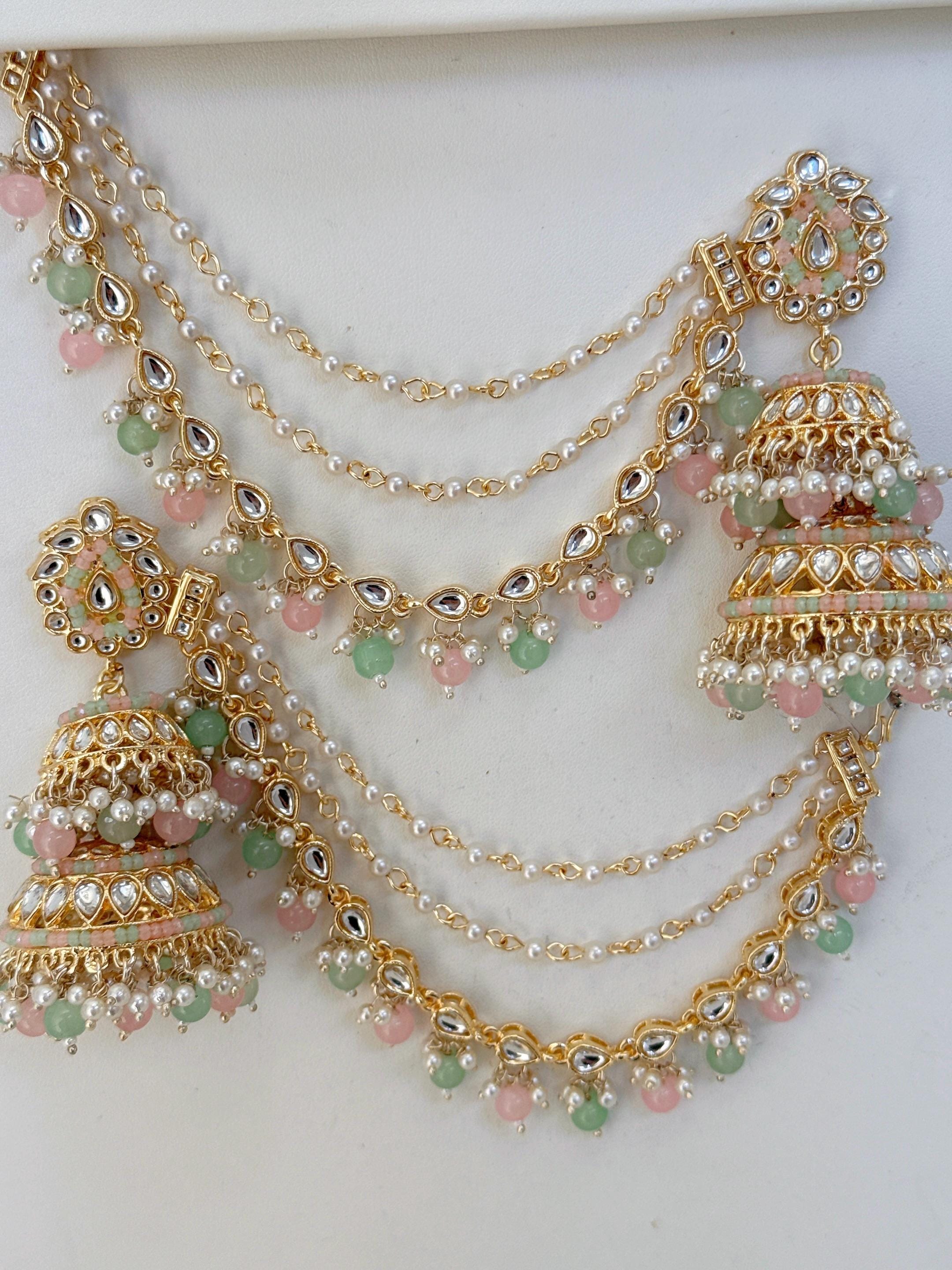 Mint Pink Bahubali Kundan Pearl Jhumka Earrings Set/Jhumka with Double Chain Sahare /Indian Wedding Earrings