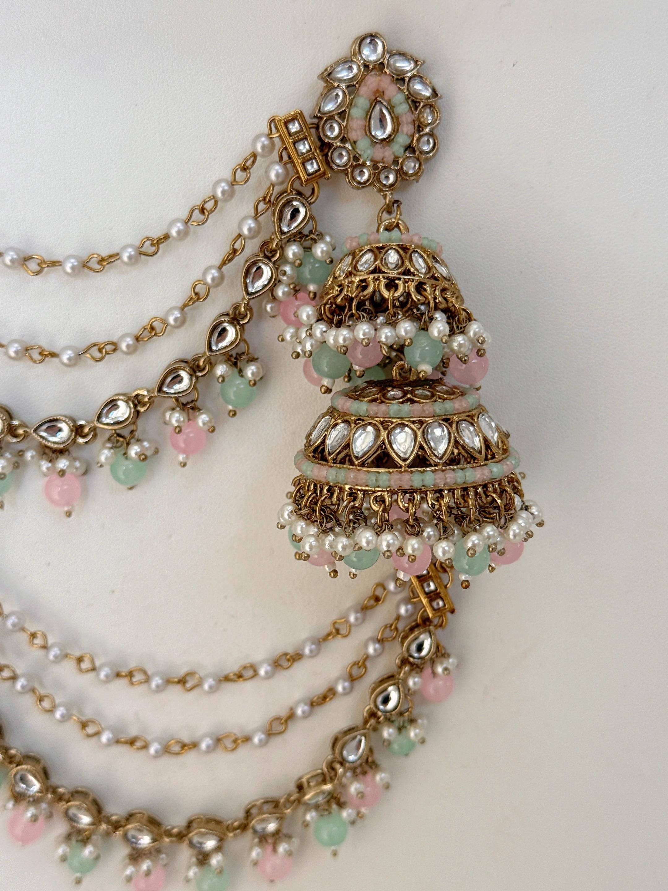 Mint Pink Bahubali Kundan Pearl Jhumka Earrings Set/Jhumka with Double Chain Sahare /Indian Wedding Earrings