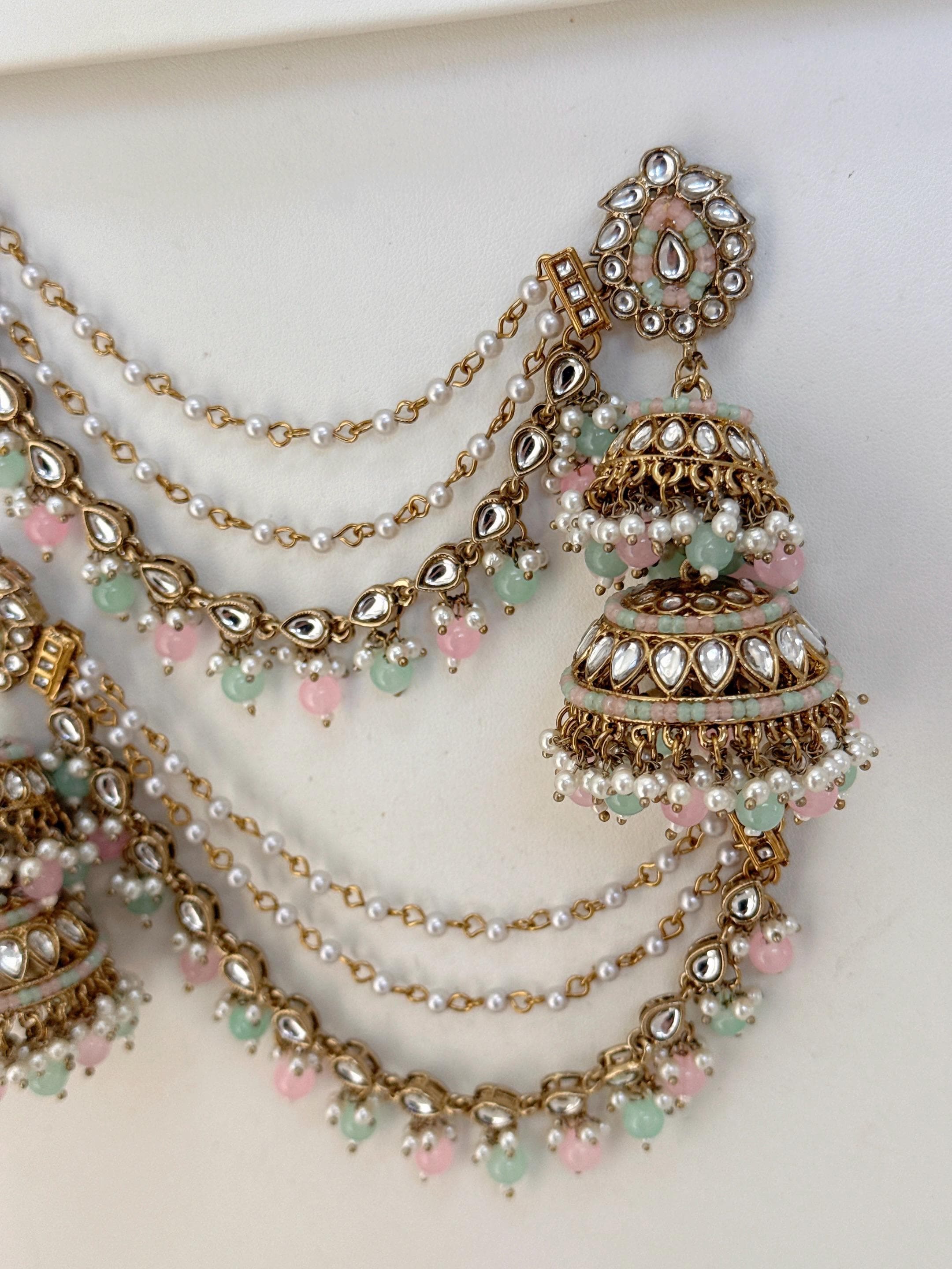 Mint Pink Bahubali Kundan Pearl Jhumka Earrings Set/Jhumka with Double Chain Sahare /Indian Wedding Earrings