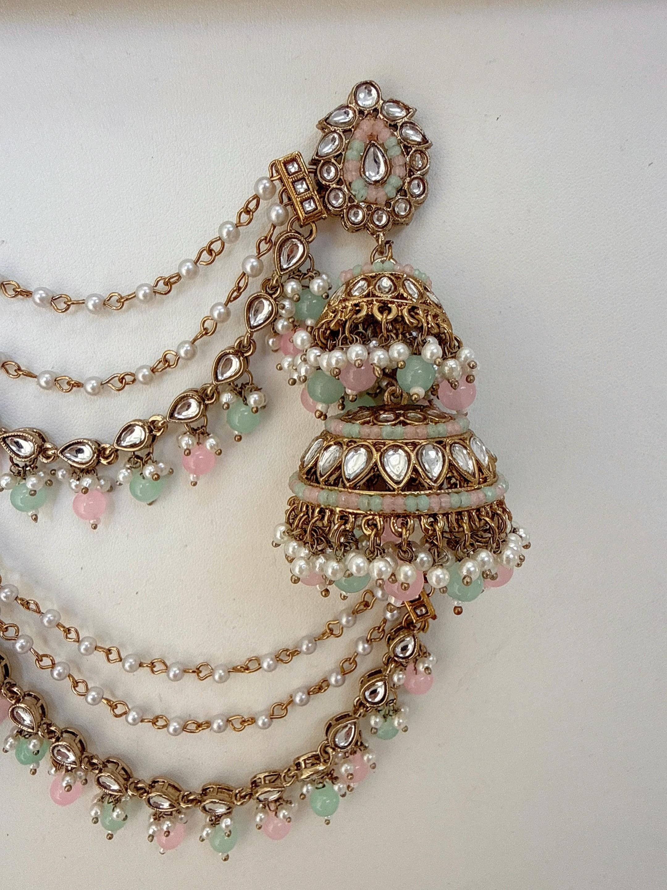 Mint Pink Bahubali Kundan Pearl Jhumka Earrings Set/Jhumka with Double Chain Sahare /Indian Wedding Earrings