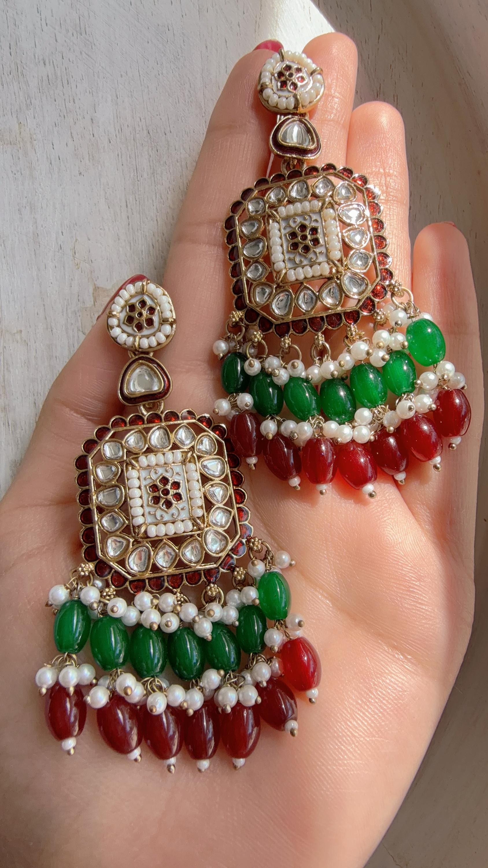 Ruby Green Kundan Chandbali Earrings | Indian Bridal Chandbali | Traditional Wedding Jewelry | Statement Kundan Earrings