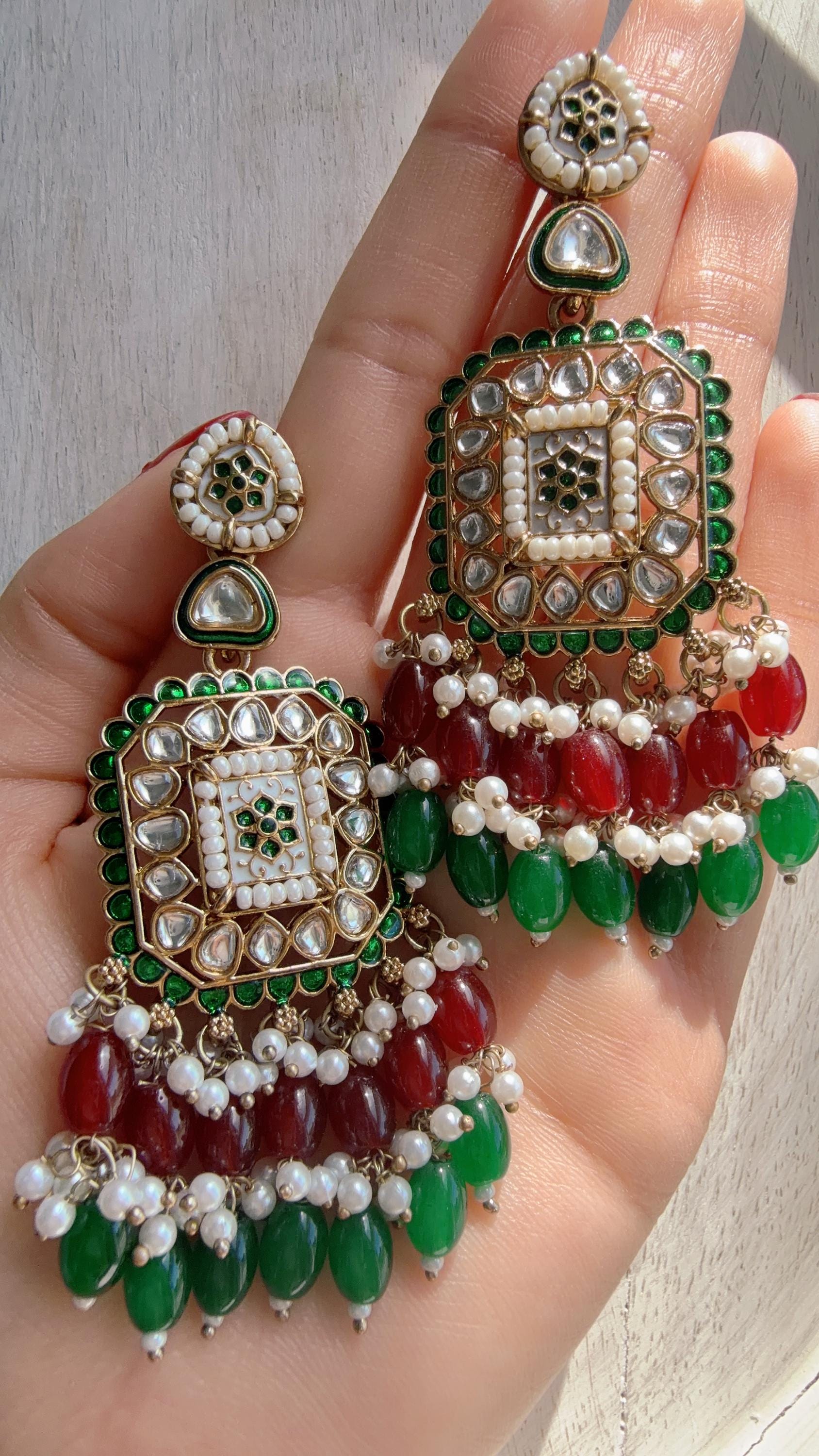 Ruby Green Kundan Chandbali Earrings | Indian Bridal Chandbali | Traditional Wedding Jewelry | Statement Kundan Earrings