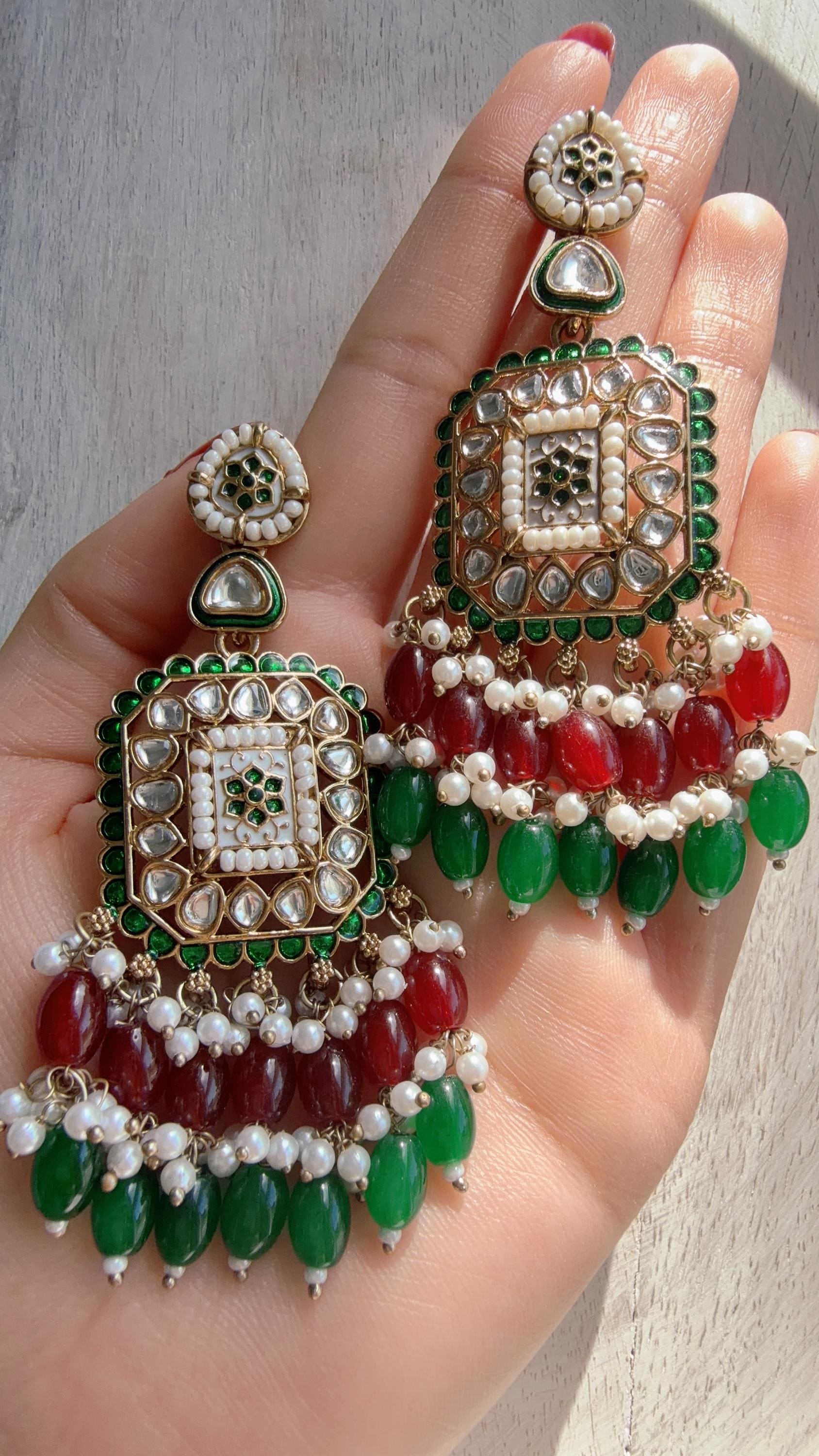 Ruby Green Kundan Chandbali Earrings | Indian Bridal Chandbali | Traditional Wedding Jewelry | Statement Kundan Earrings