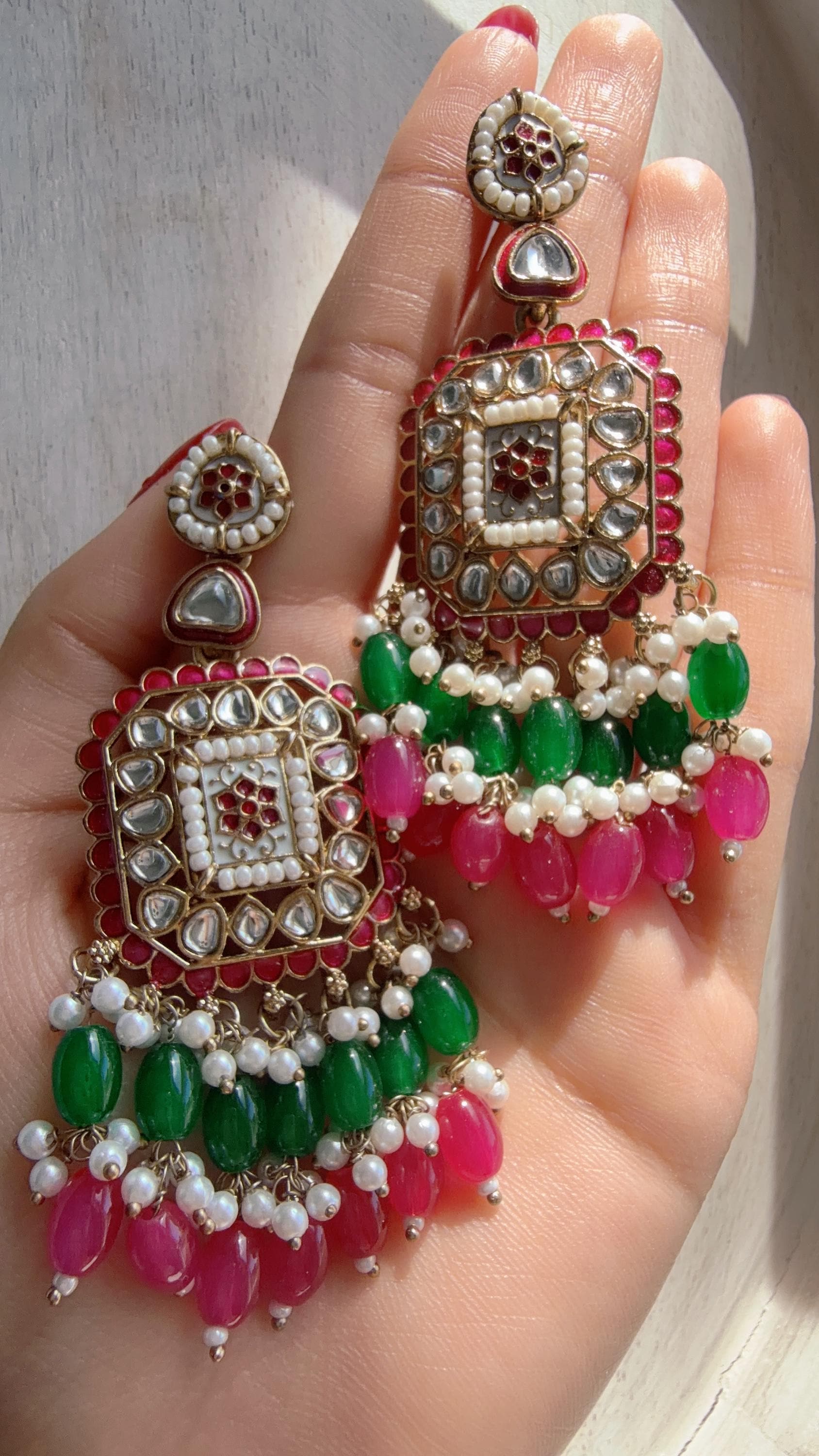 Pink Green Kundan Chandbali Earrings | Indian Bridal Chandbali | Traditional Wedding Jewelry | Statement Kundan Earrings
