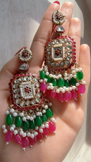 Pink Green Kundan Chandbali Earrings | Indian Bridal Chandbali | Traditional Wedding Jewelry | Statement Kundan Earrings