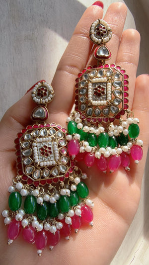 Pink Green Kundan Chandbali Earrings | Indian Bridal Chandbali | Traditional Wedding Jewelry | Statement Kundan Earrings
