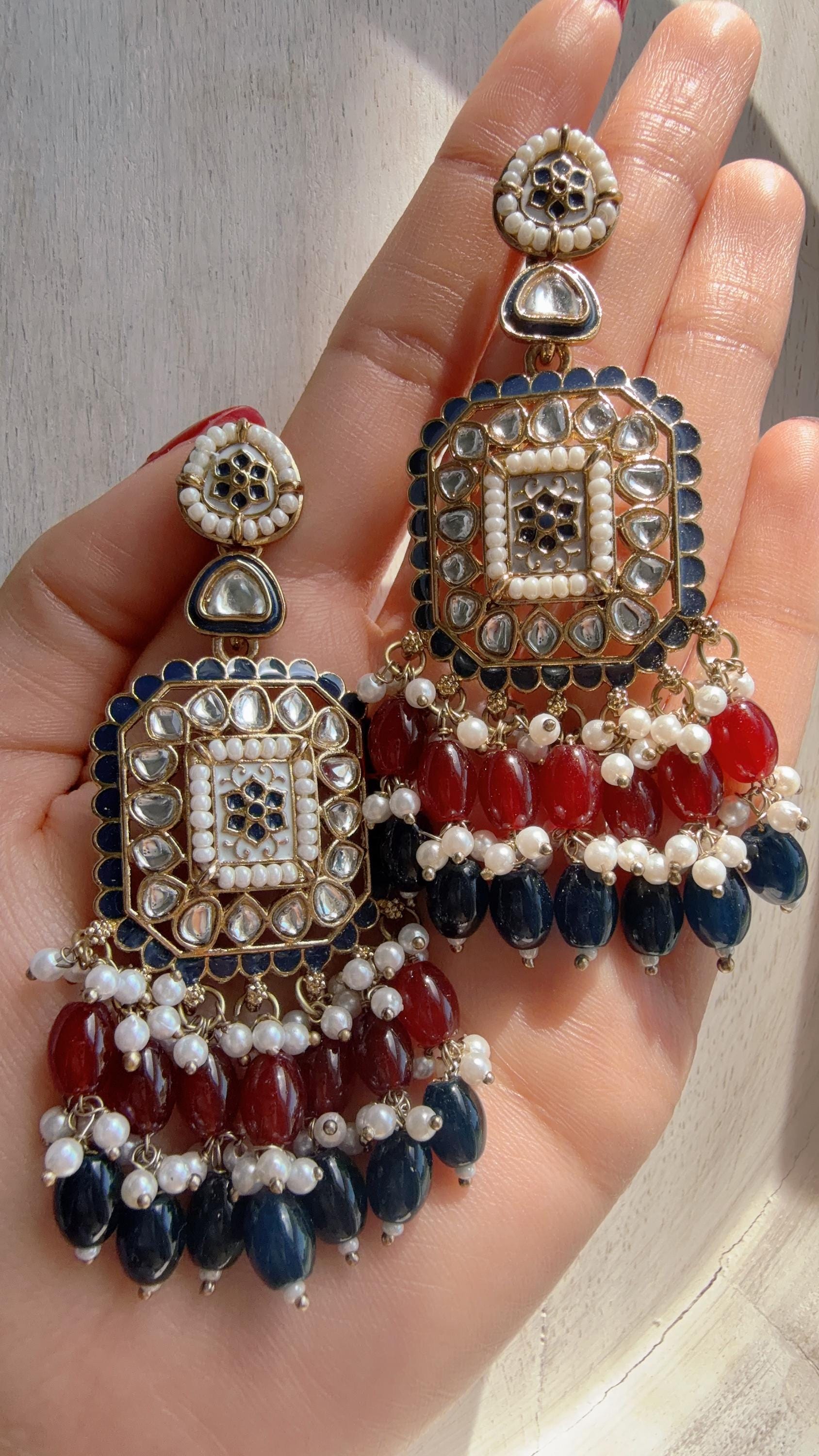 Ruby Blue Kundan Chandbali Earrings | Indian Bridal Chandbali | Traditional Wedding Jewelry | Statement Kundan Earrings