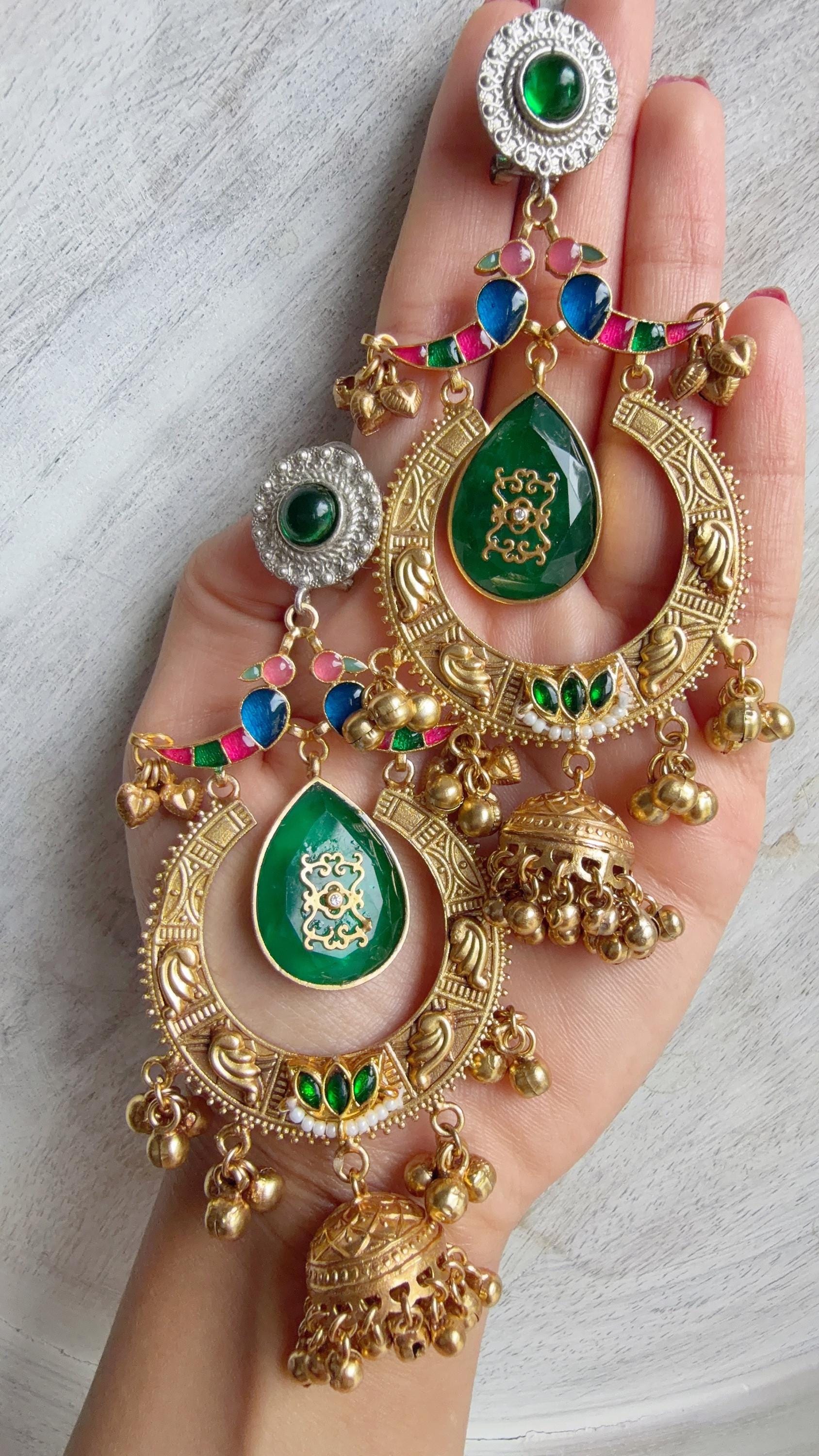 Amrapalli-Style Chandbali Doublet Stone Jhumka Earrings | Antique Gold Kashmiri Jhumka | Statement Indian Bridal Temple Jewelry