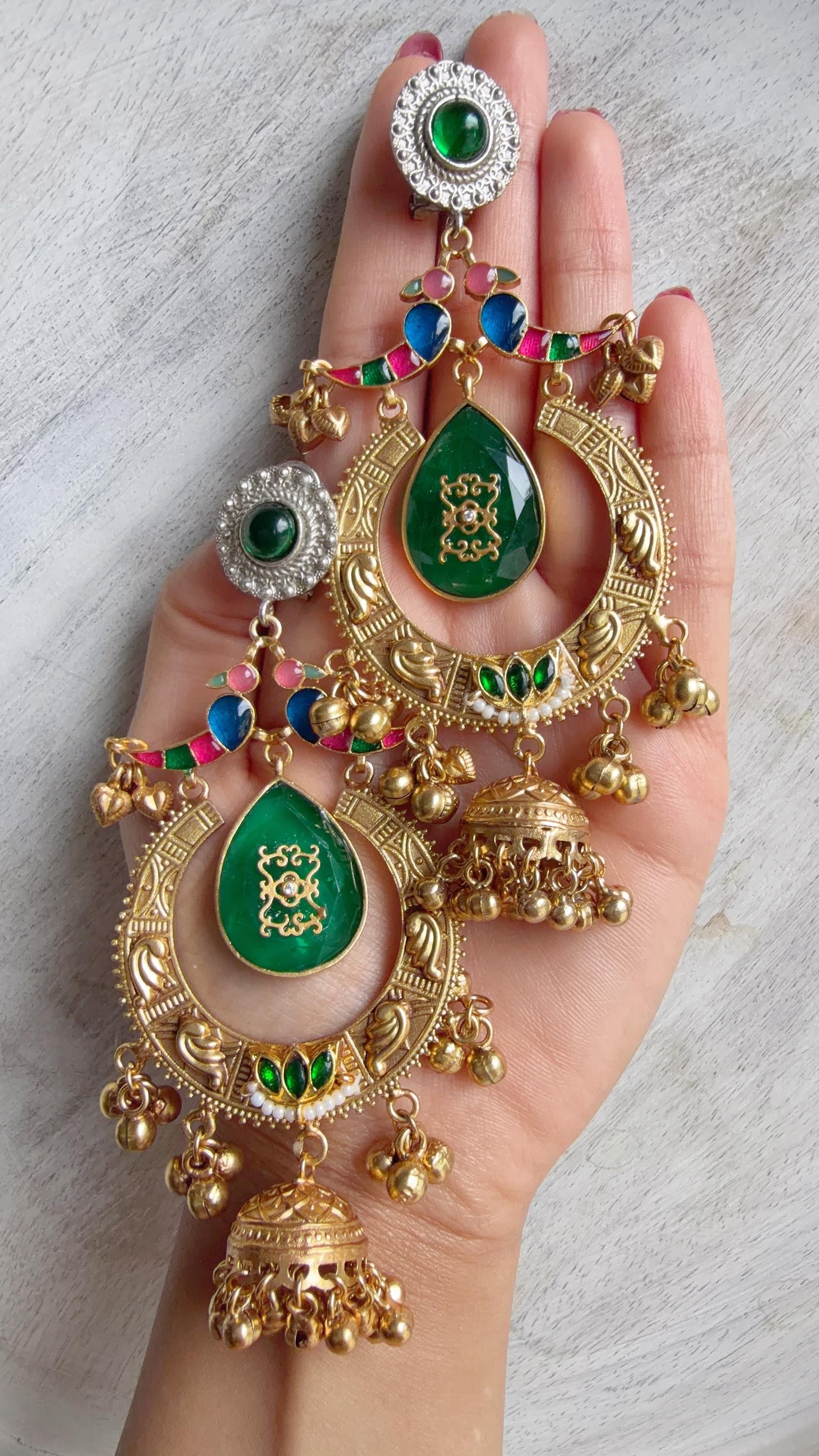Amrapalli-Style Chandbali Doublet Stone Jhumka Earrings | Antique Gold Kashmiri Jhumka | Statement Indian Bridal Temple Jewelry