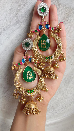 Amrapalli-Style Chandbali Doublet Stone Jhumka Earrings | Antique Gold Kashmiri Jhumka | Statement Indian Bridal Temple Jewelry