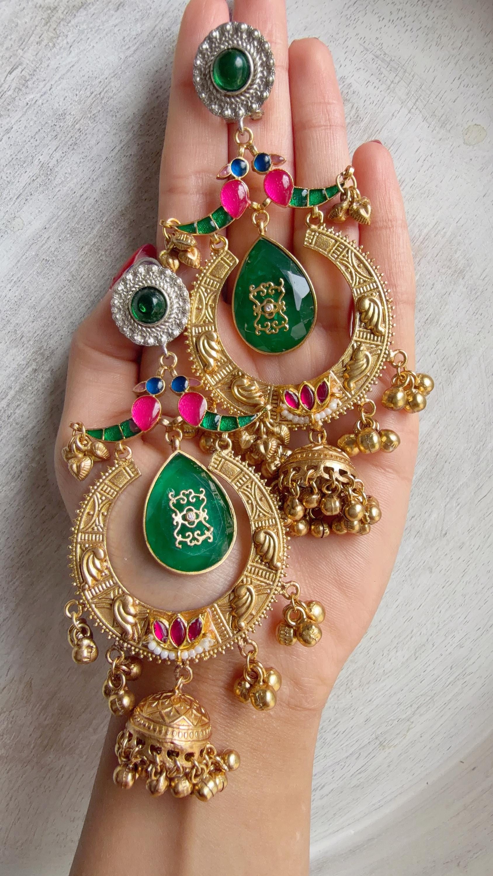 Amrapalli-Style Chandbali Doublet Stone Jhumka Earrings | Antique Gold Kashmiri Jhumka | Statement Indian Bridal Temple Jewelry