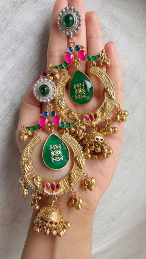 Amrapalli-Style Chandbali Doublet Stone Jhumka Earrings | Antique Gold Kashmiri Jhumka | Statement Indian Bridal Temple Jewelry