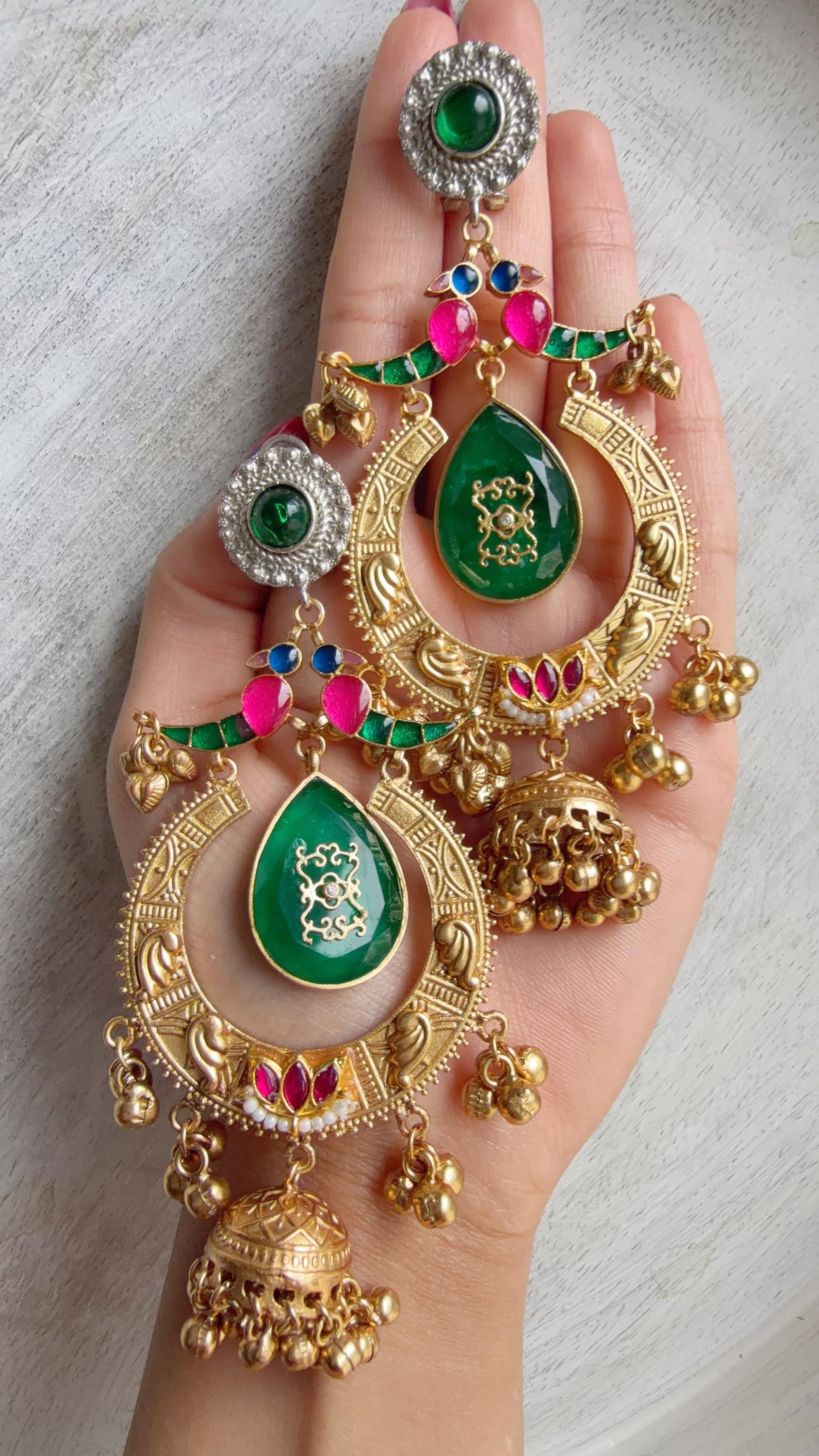 Amrapalli-Style Chandbali Doublet Stone Jhumka Earrings | Antique Gold Kashmiri Jhumka | Statement Indian Bridal Temple Jewelry
