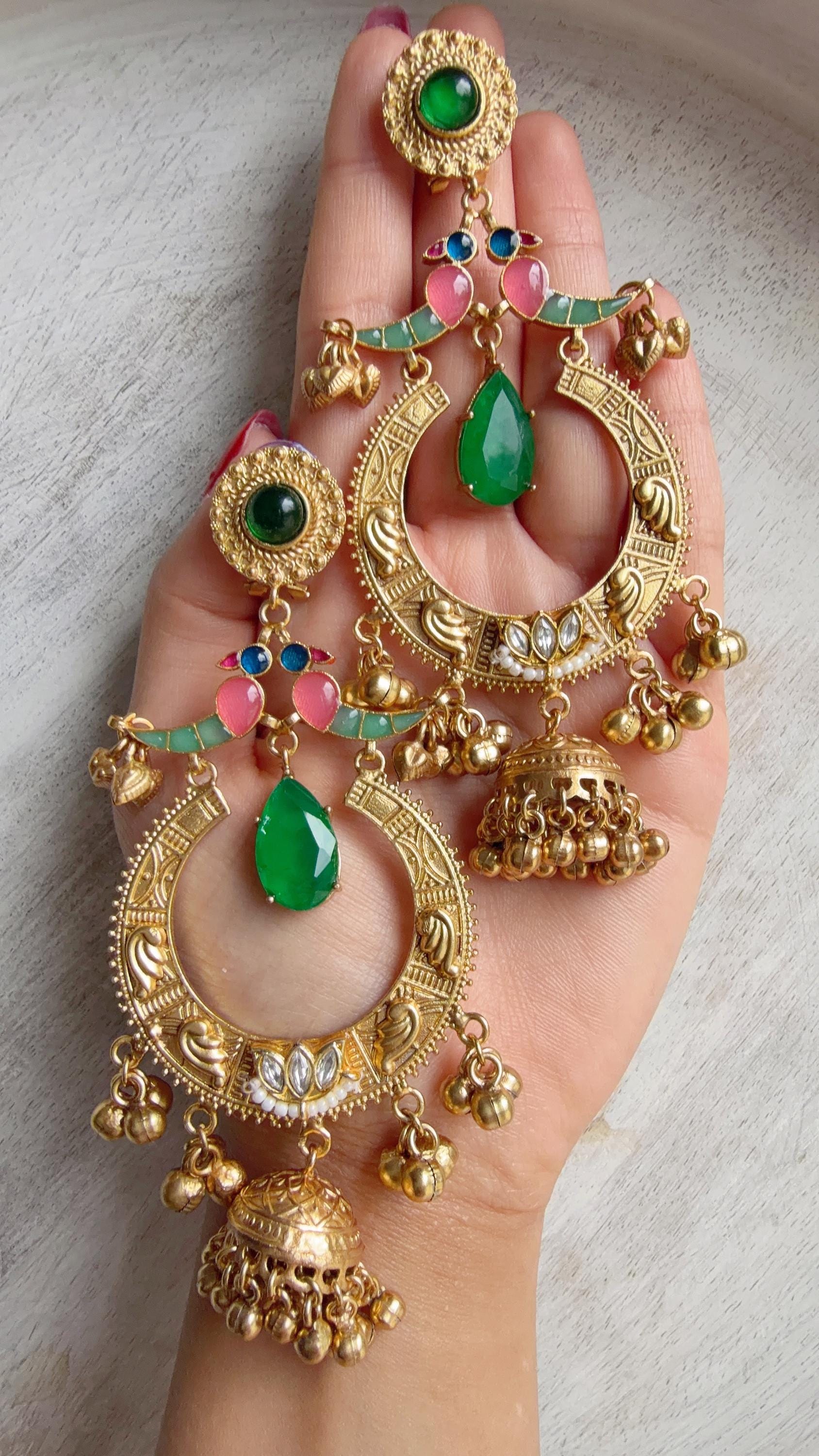 Amrapalli-Style Chandbali Doublet Stone Jhumka Earrings | Antique Gold Kashmiri Jhumka | Statement Indian Bridal Temple Jewelry