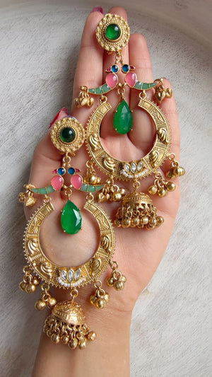 Amrapalli-Style Chandbali Doublet Stone Jhumka Earrings | Antique Gold Kashmiri Jhumka | Statement Indian Bridal Temple Jewelry