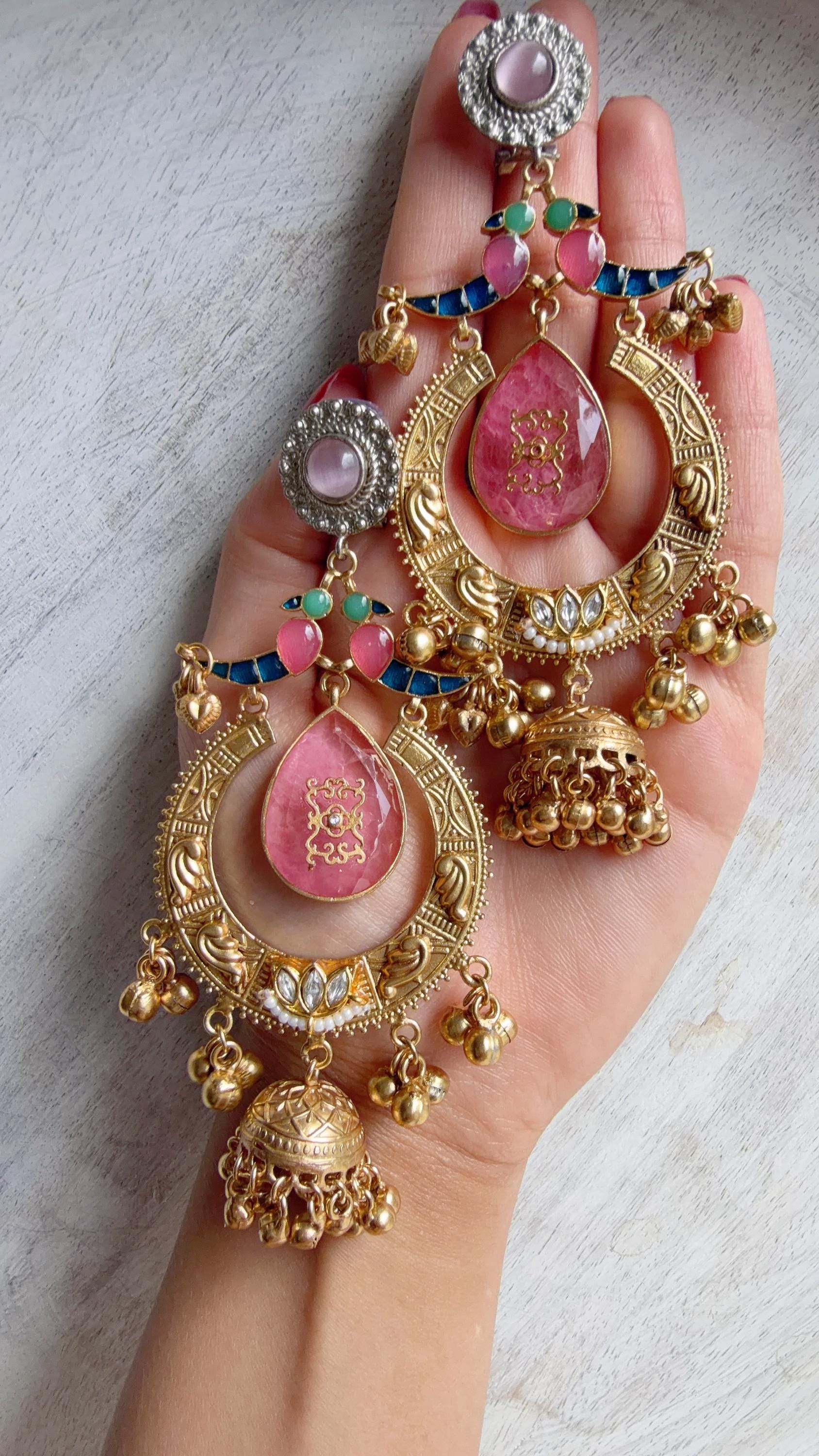 Amrapalli-Style Chandbali Doublet Stone Jhumka Earrings | Antique Gold Kashmiri Jhumka | Statement Indian Bridal Temple Jewelry