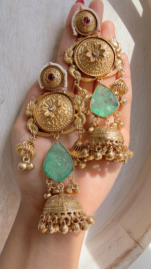 Antique Gold Kashmiri Jhumka Earrings | Statement Indian Bridal Earrings | Temple Style Wedding Jewelry