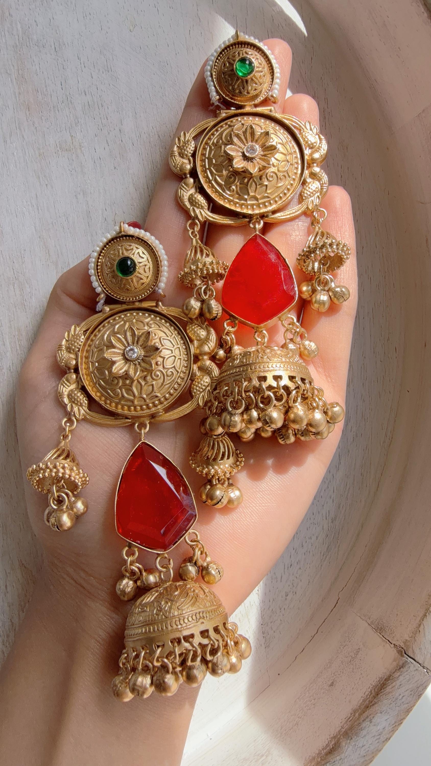 Antique Gold Kashmiri Jhumka Earrings | Statement Indian Bridal Earrings | Temple Style Wedding Jewelry