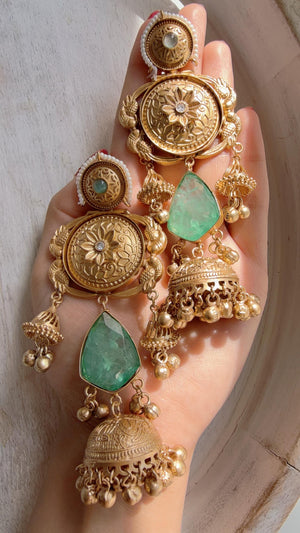 Antique Gold Kashmiri Jhumka Earrings | Statement Indian Bridal Earrings | Temple Style Wedding Jewelry