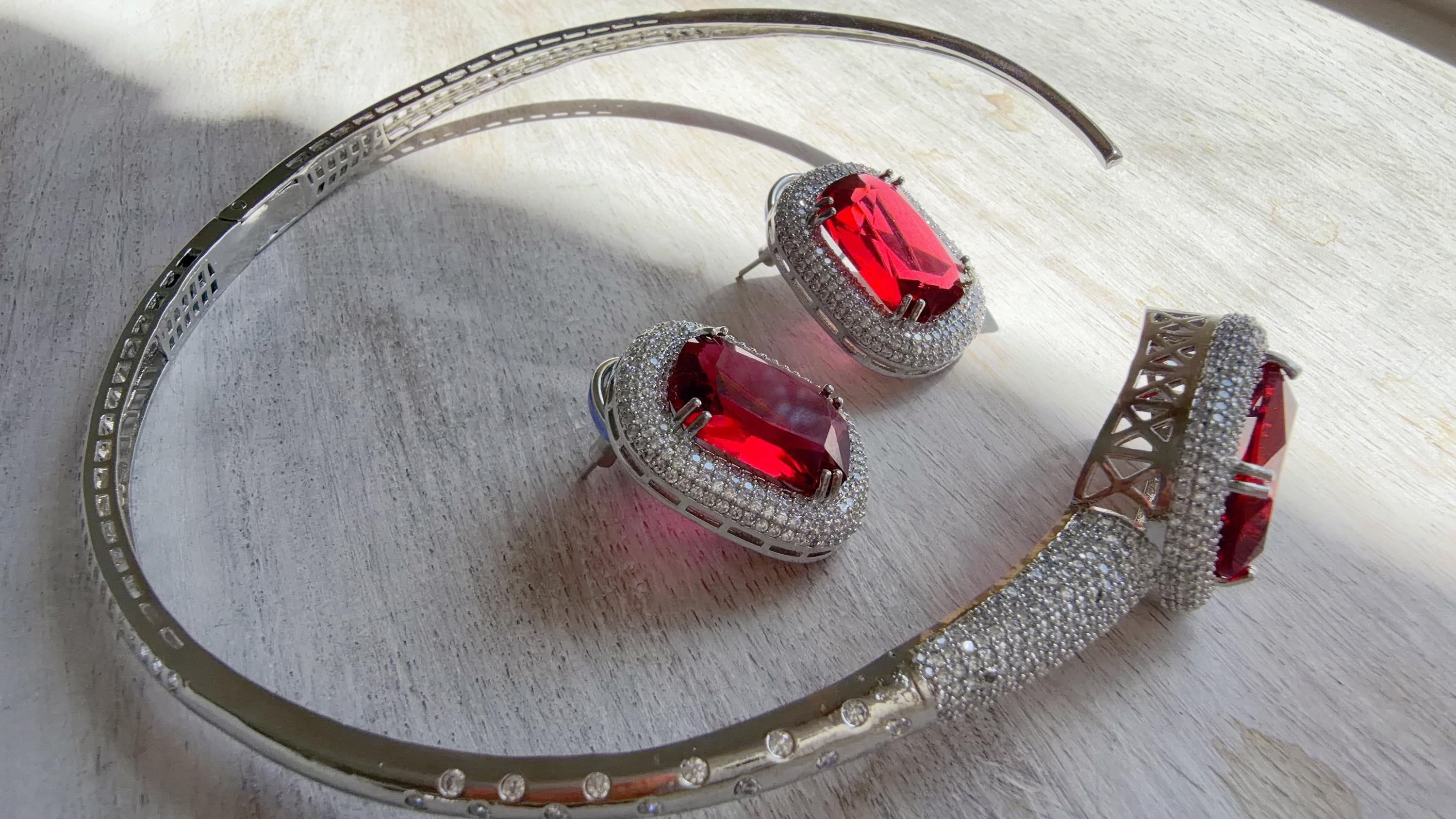 Ruby Hasli Necklace and Stud Earrings Set | Moissanite CZ Jewelry | Luxury Statement Set - Hellen