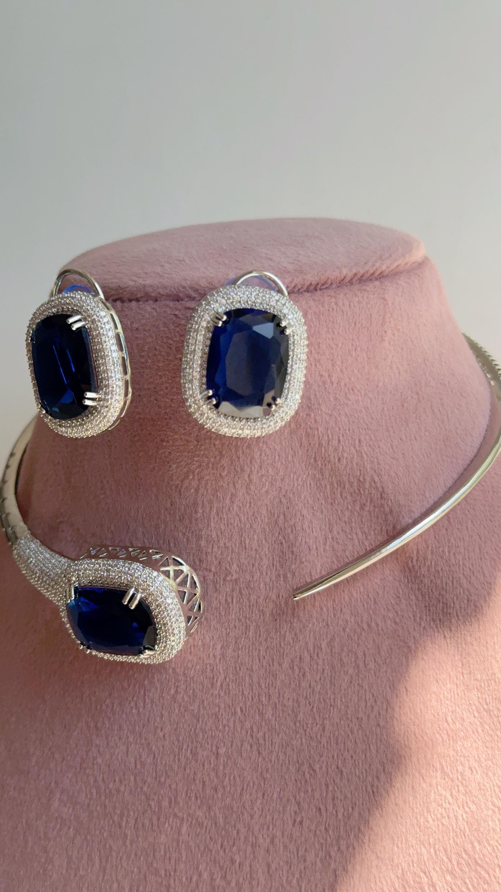 Blue Hasli Necklace and Stud Earrings Set | Moissanite CZ Jewelry | Luxury Statement Set - Hellen