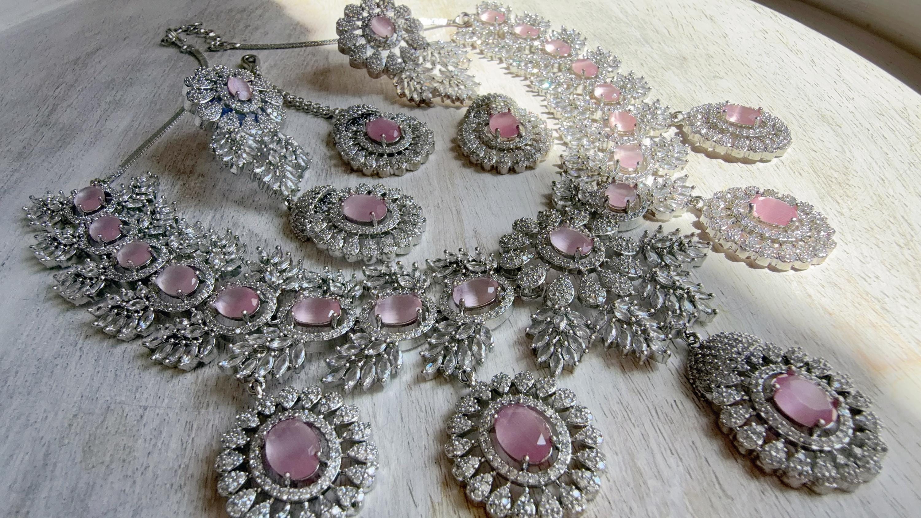Baby Pink Rhodium Bridal Necklace Set with Earrings and Maang Tikka | CZ Indian Wedding Jewelry | Statement Necklace - Kajol
