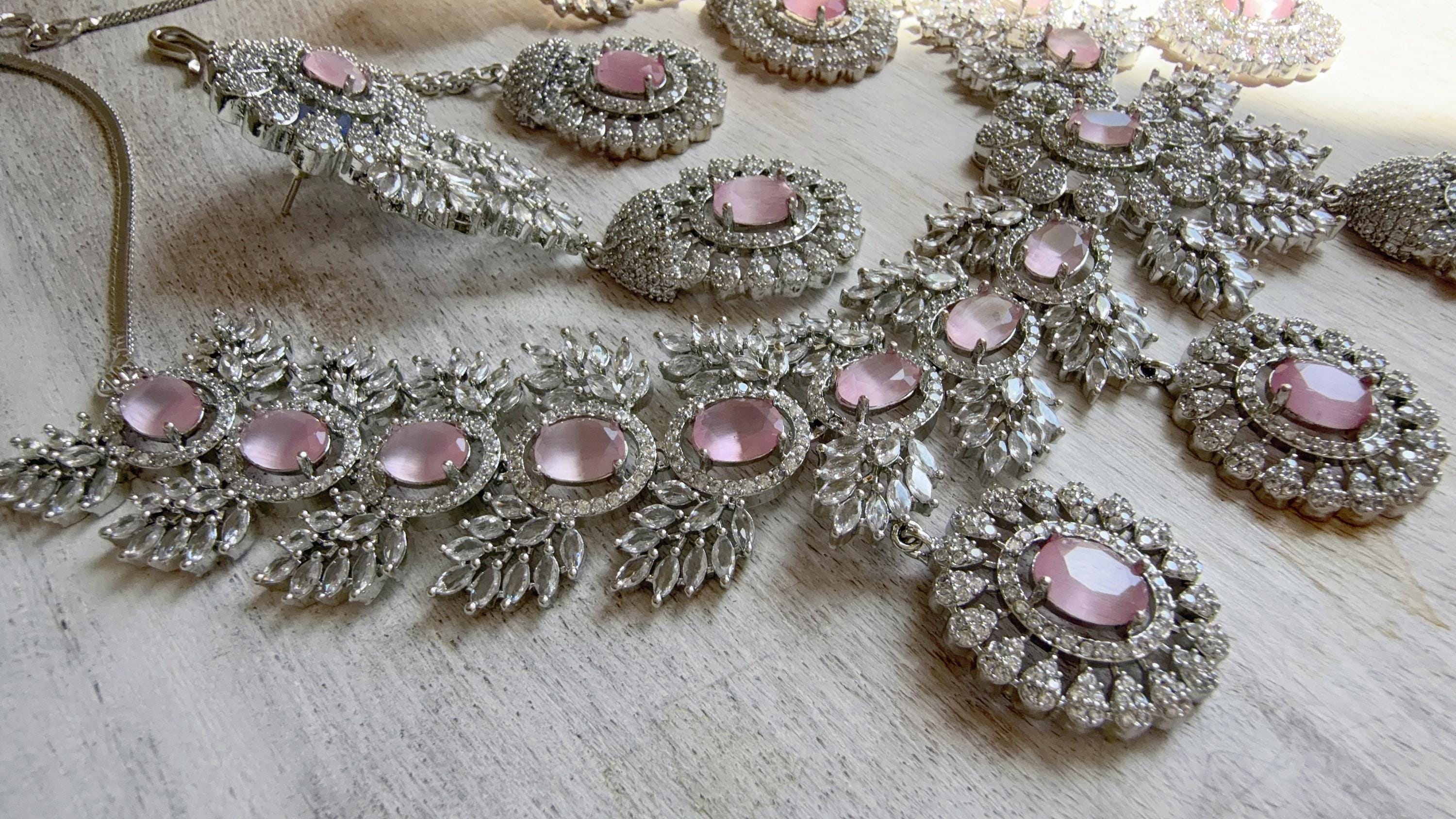 Baby Pink Rhodium Bridal Necklace Set with Earrings and Maang Tikka | CZ Indian Wedding Jewelry | Statement Necklace - Kajol