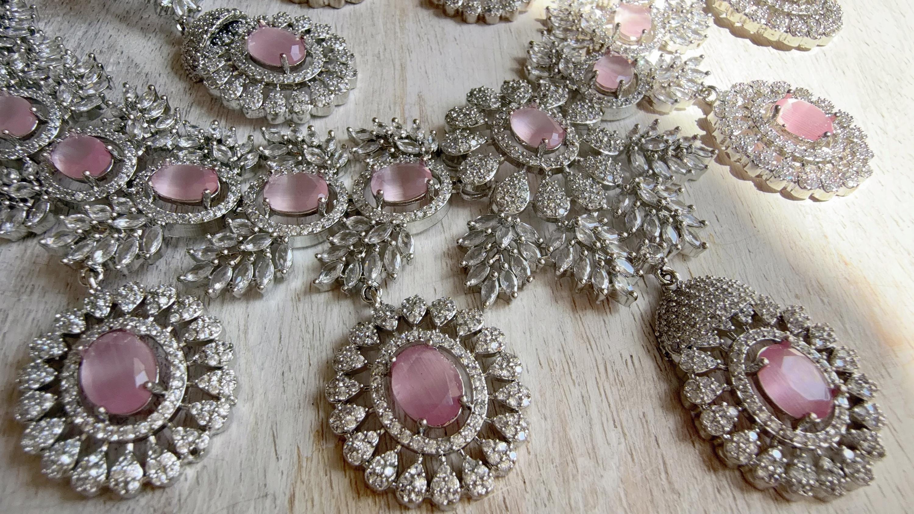 Baby Pink Rhodium Bridal Necklace Set with Earrings and Maang Tikka | CZ Indian Wedding Jewelry | Statement Necklace - Kajol