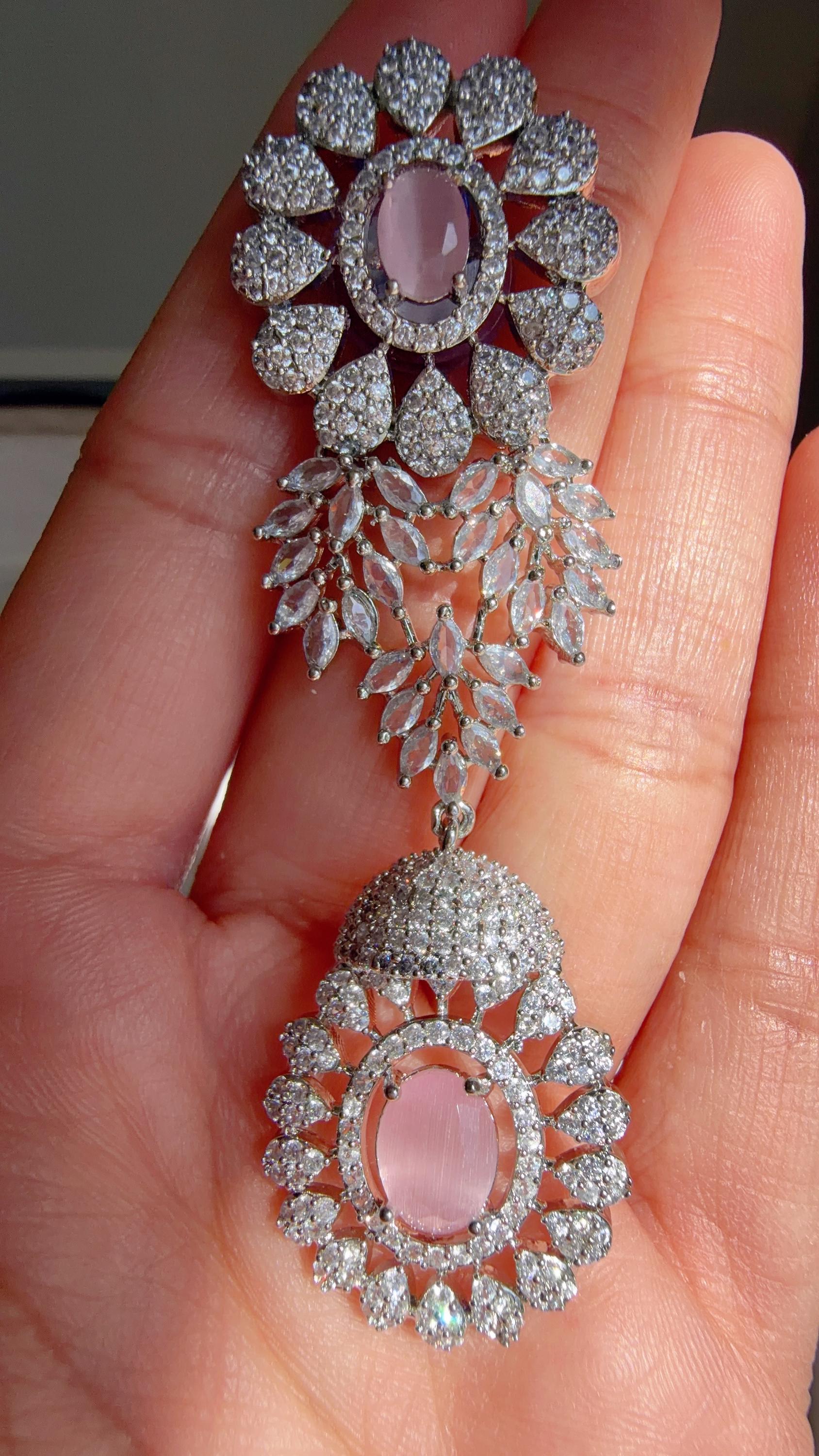 Baby Pink Rhodium Bridal Necklace Set with Earrings and Maang Tikka | CZ Indian Wedding Jewelry | Statement Necklace - Kajol