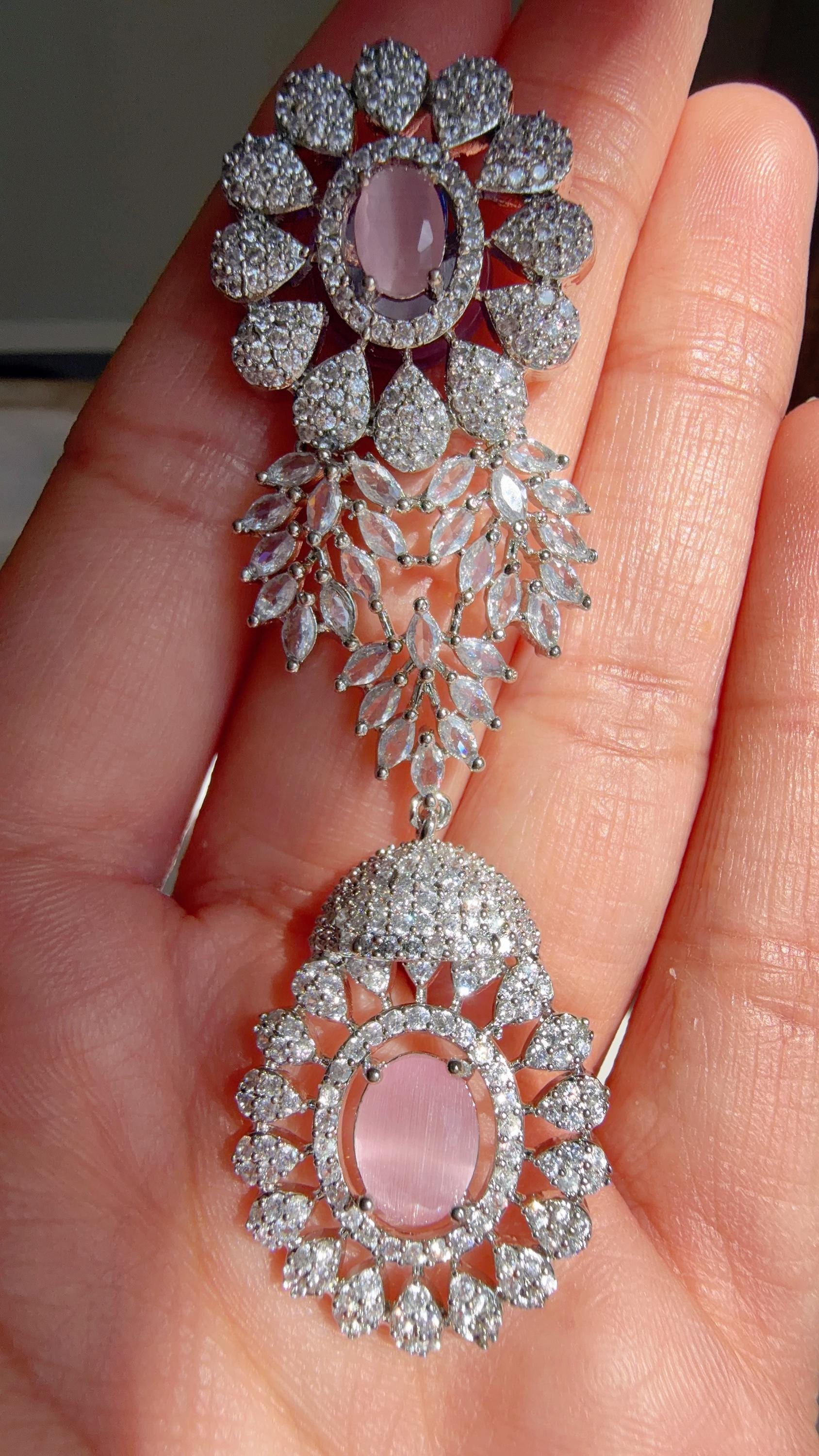 Baby Pink Rhodium Bridal Necklace Set with Earrings and Maang Tikka | CZ Indian Wedding Jewelry | Statement Necklace - Kajol
