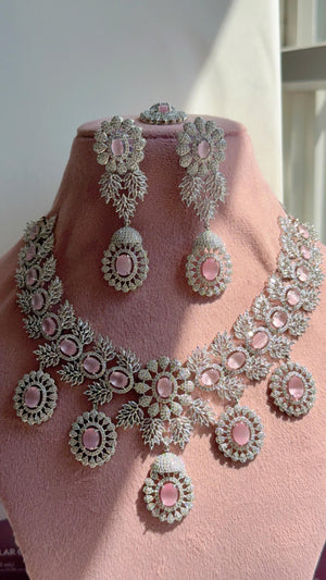 Baby Pink Rhodium Bridal Necklace Set with Earrings and Maang Tikka | CZ Indian Wedding Jewelry | Statement Necklace - Kajol