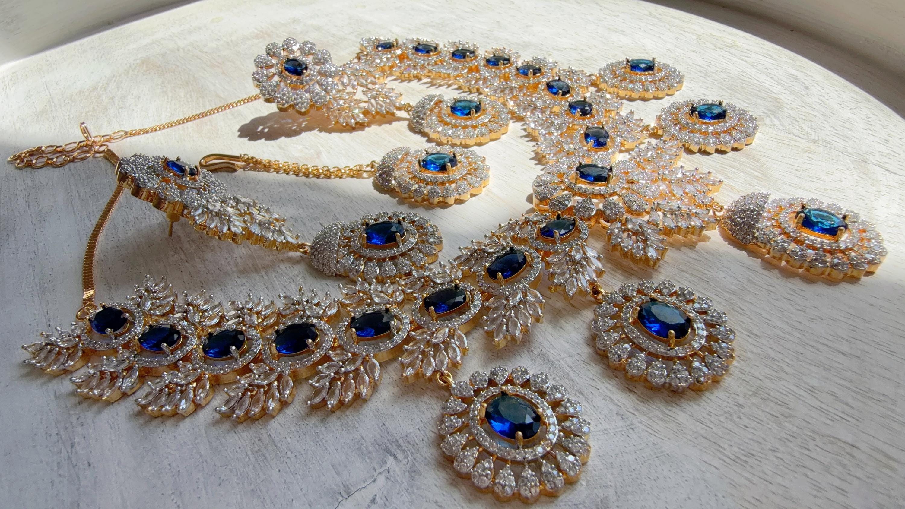 Blue 2 Tone Bridal Necklace Set with Earrings and Maang Tikka | CZ Indian Wedding Jewelry | Statement Necklace - Kajol