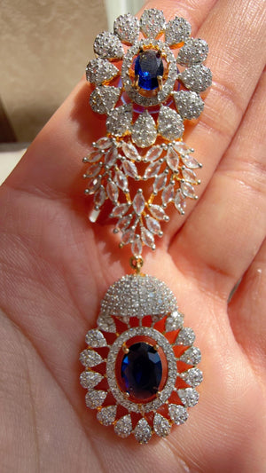 Blue 2 Tone Bridal Necklace Set with Earrings and Maang Tikka | CZ Indian Wedding Jewelry | Statement Necklace - Kajol