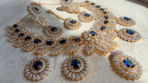 Blue 2 Tone Bridal Necklace Set with Earrings and Maang Tikka | CZ Indian Wedding Jewelry | Statement Necklace - Kajol