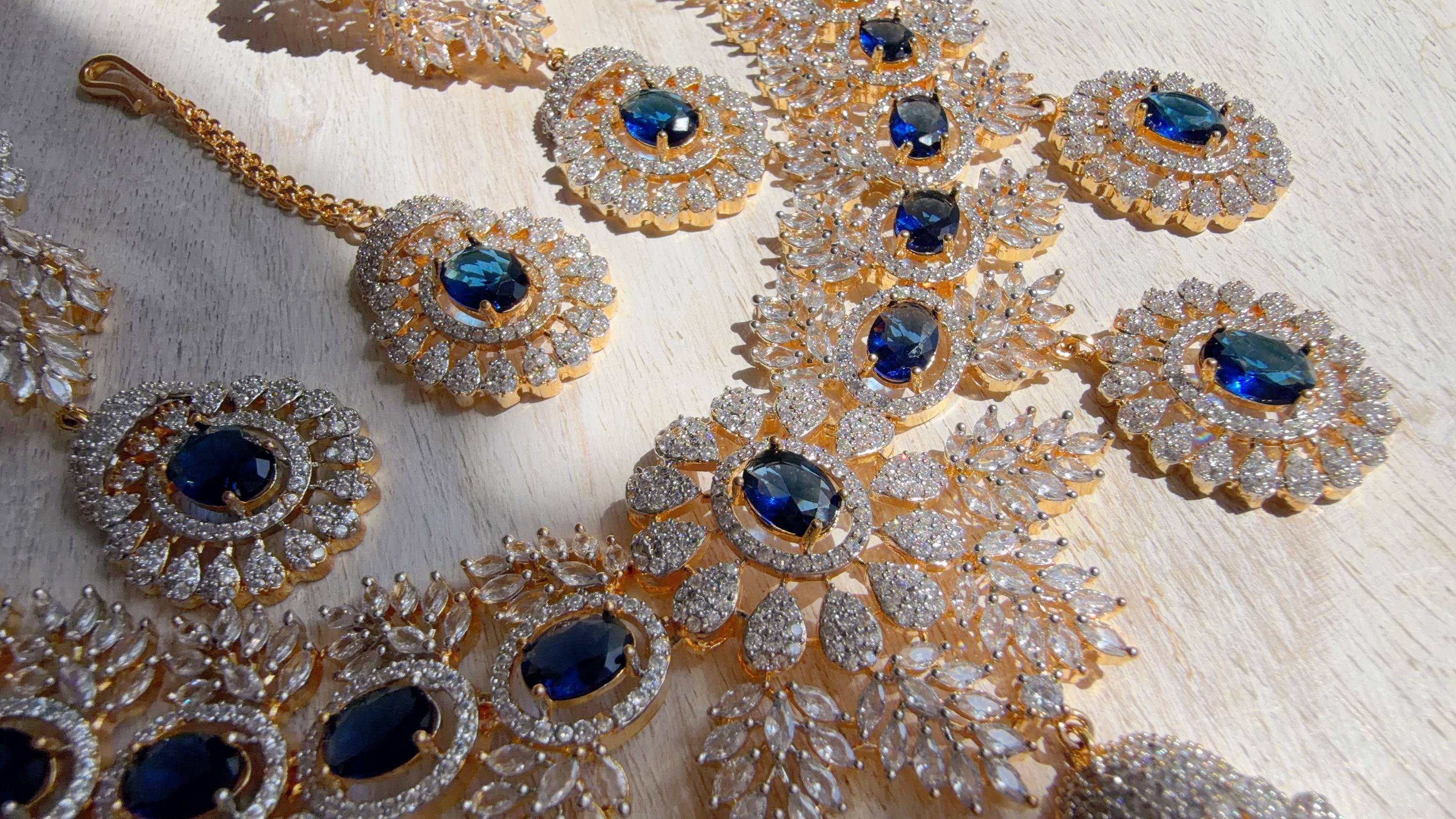 Blue 2 Tone Bridal Necklace Set with Earrings and Maang Tikka | CZ Indian Wedding Jewelry | Statement Necklace - Kajol
