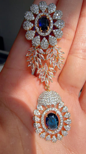 Blue 2 Tone Bridal Necklace Set with Earrings and Maang Tikka | CZ Indian Wedding Jewelry | Statement Necklace - Kajol