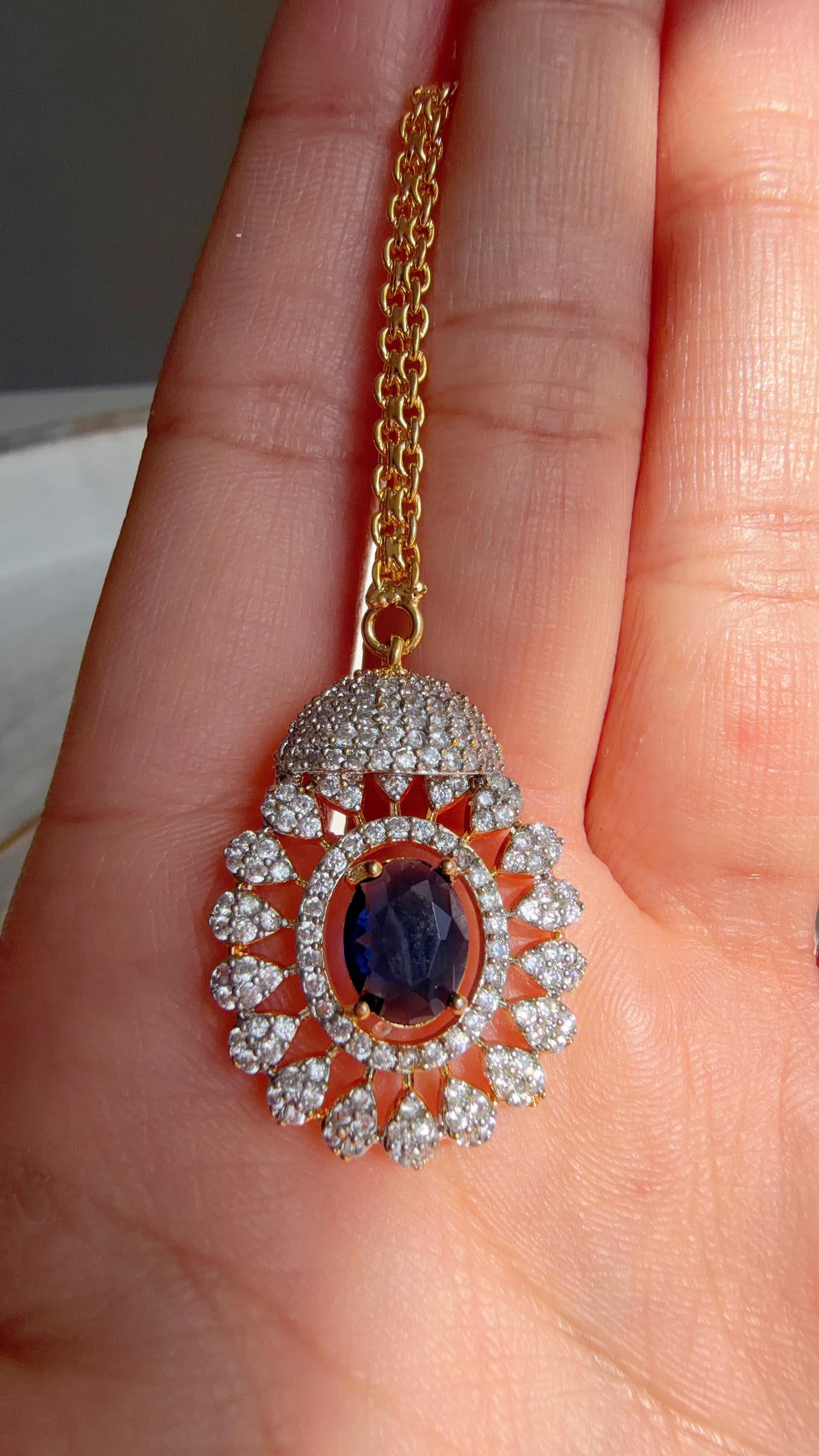 Blue 2 Tone Bridal Necklace Set with Earrings and Maang Tikka | CZ Indian Wedding Jewelry | Statement Necklace - Kajol