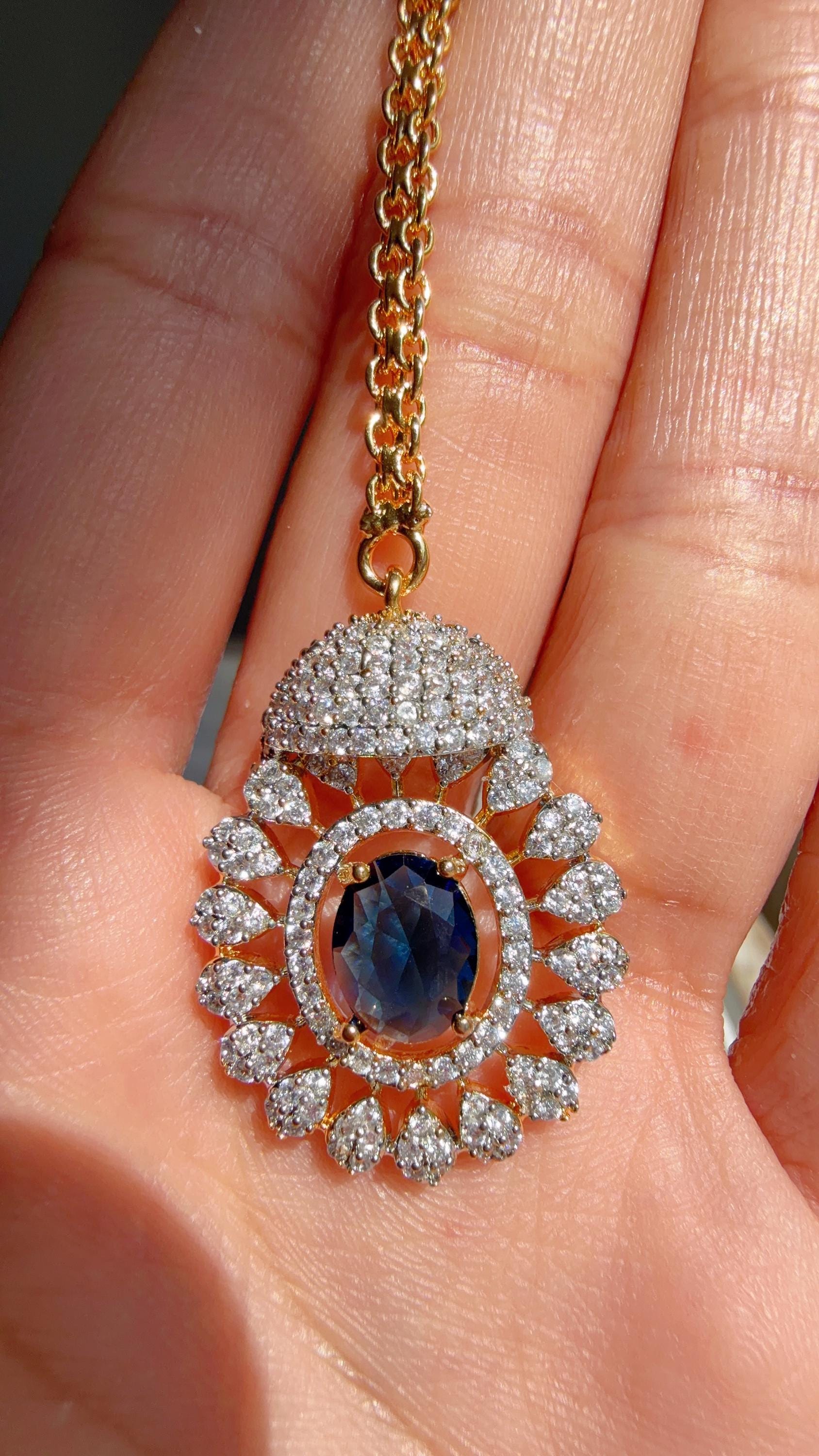Blue 2 Tone Bridal Necklace Set with Earrings and Maang Tikka | CZ Indian Wedding Jewelry | Statement Necklace - Kajol
