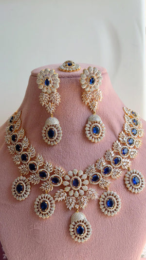 Blue 2 Tone Bridal Necklace Set with Earrings and Maang Tikka | CZ Indian Wedding Jewelry | Statement Necklace - Kajol