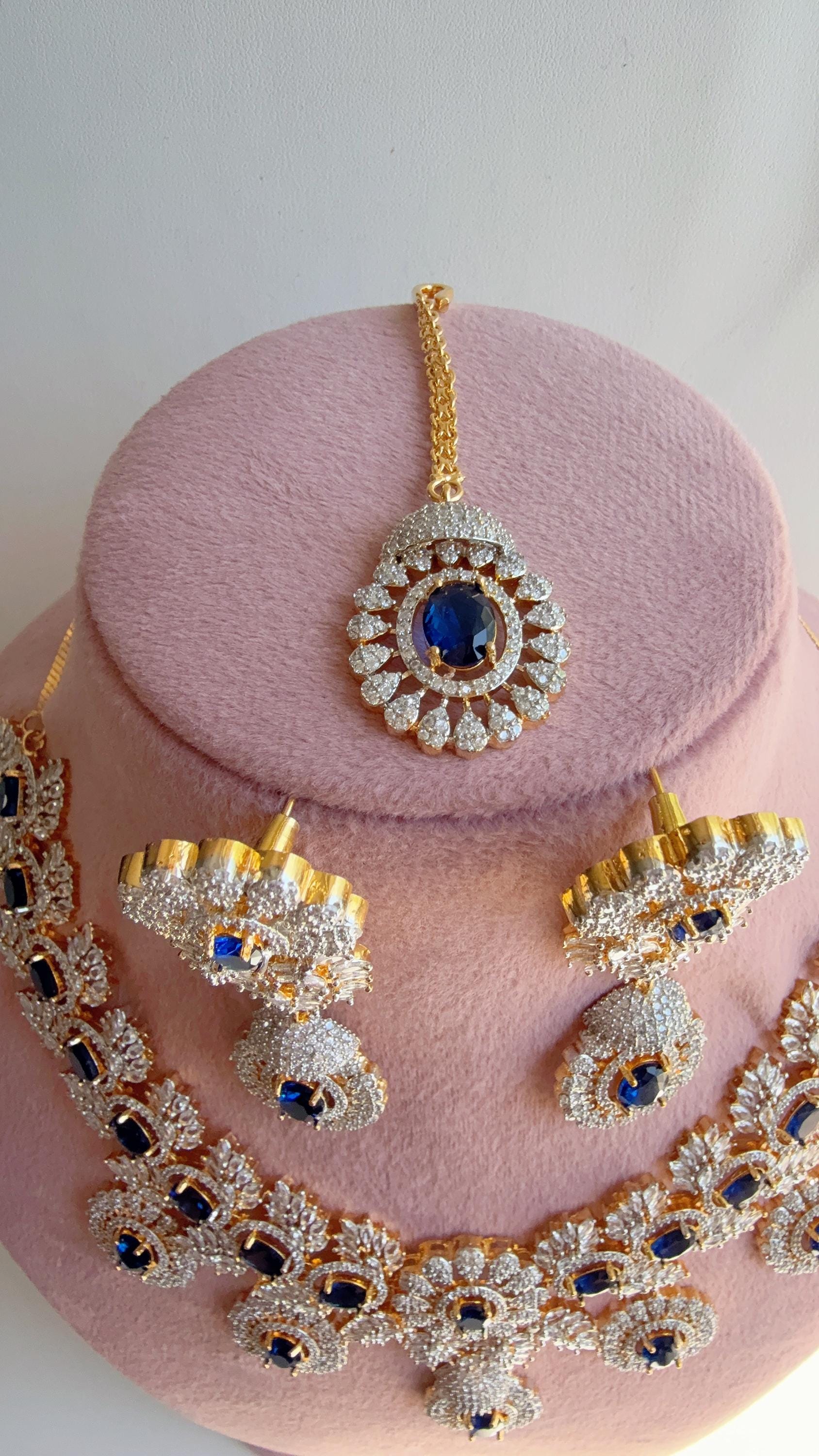 Blue 2 Tone Bridal Necklace Set with Earrings and Maang Tikka | CZ Indian Wedding Jewelry | Statement Necklace - Kajol