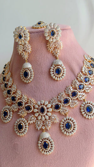 Blue 2 Tone Bridal Necklace Set with Earrings and Maang Tikka | CZ Indian Wedding Jewelry | Statement Necklace - Kajol