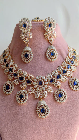 Blue 2 Tone Bridal Necklace Set with Earrings and Maang Tikka | CZ Indian Wedding Jewelry | Statement Necklace - Kajol