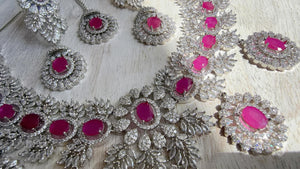 Pink Rhodium Bridal Necklace Set with Earrings and Maang Tikka | CZ Indian Wedding Jewelry | Statement Necklace - Kajol