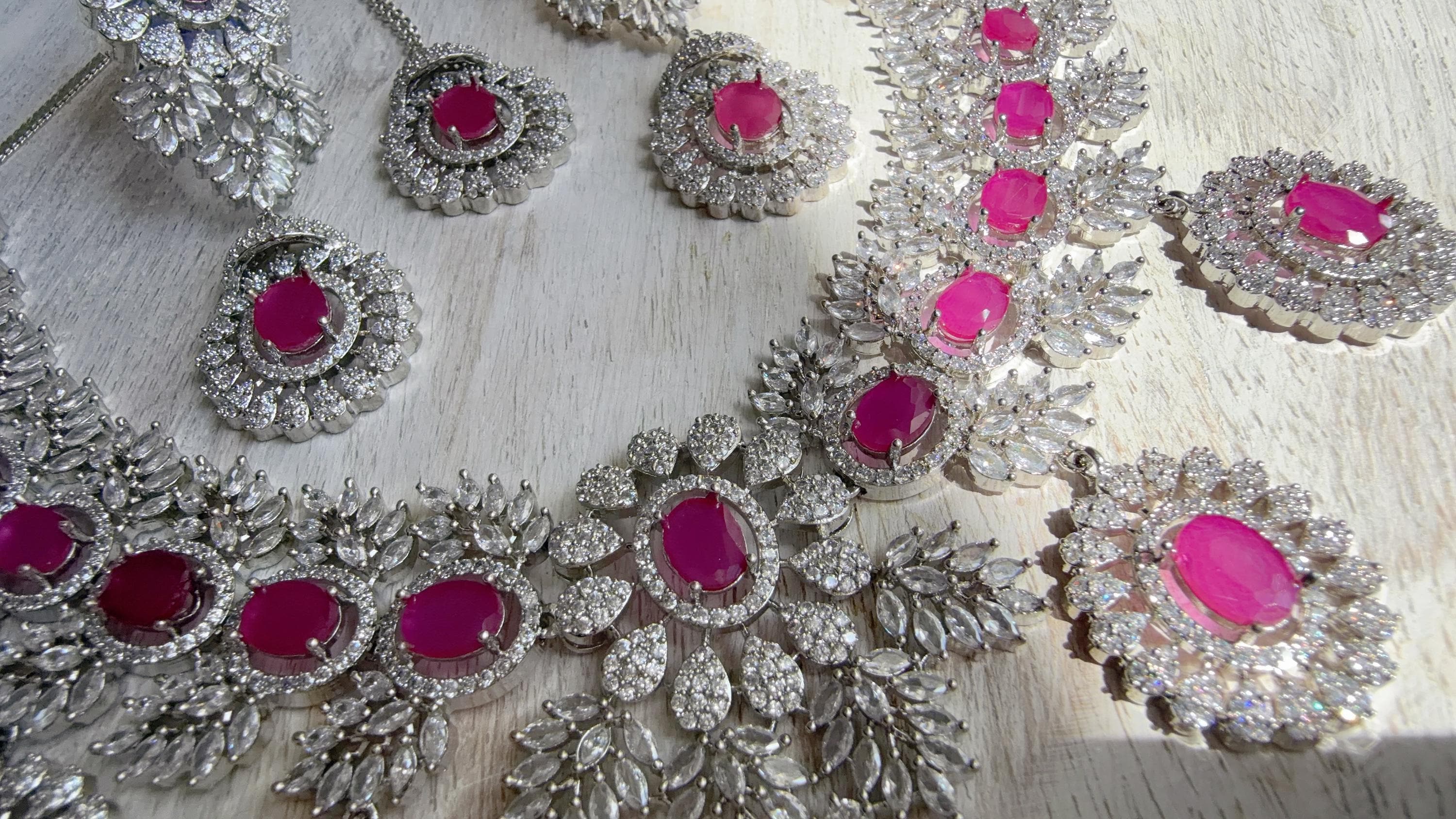 Pink Rhodium Bridal Necklace Set with Earrings and Maang Tikka | CZ Indian Wedding Jewelry | Statement Necklace - Kajol