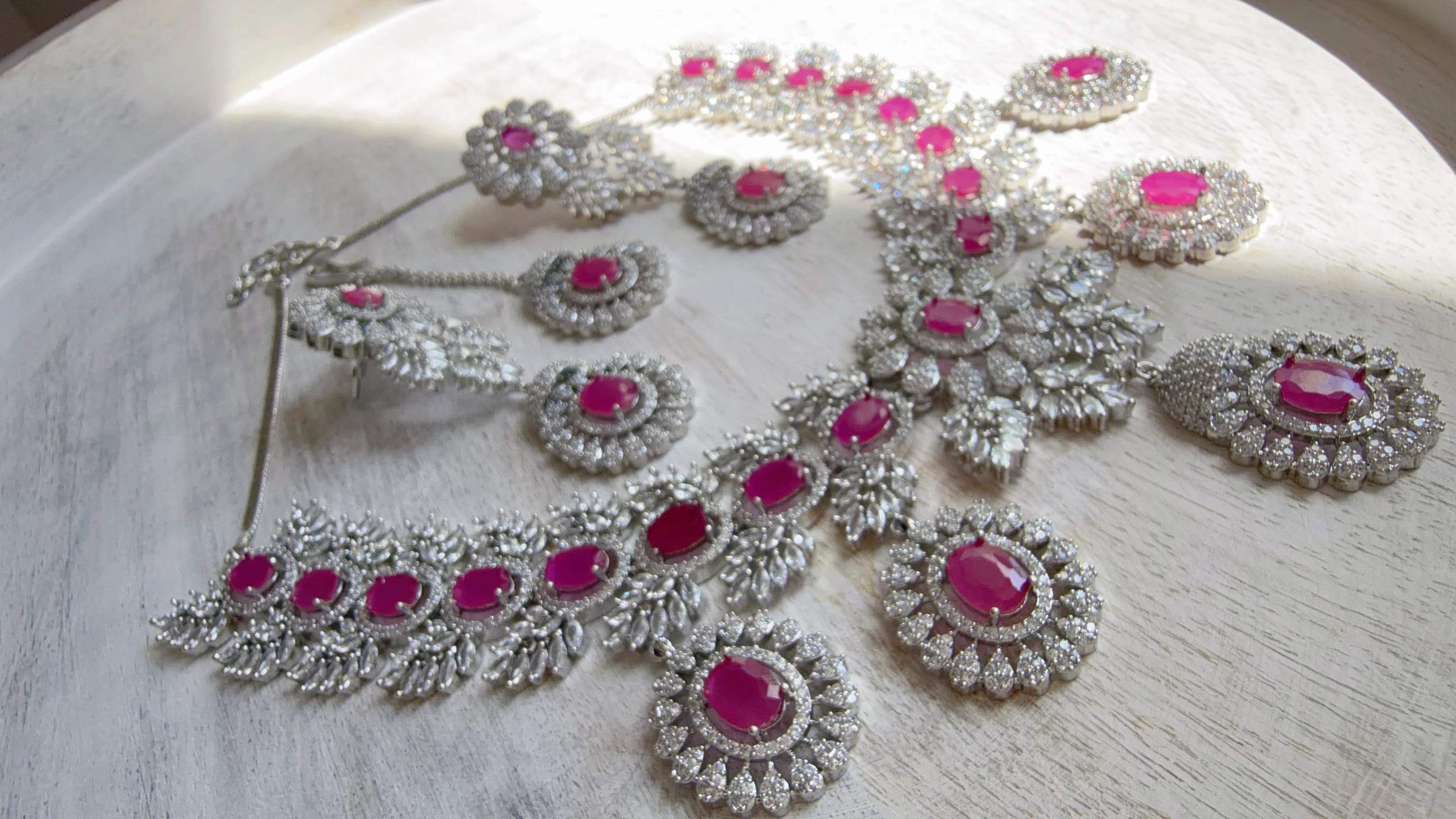 Pink Rhodium Bridal Necklace Set with Earrings and Maang Tikka | CZ Indian Wedding Jewelry | Statement Necklace - Kajol