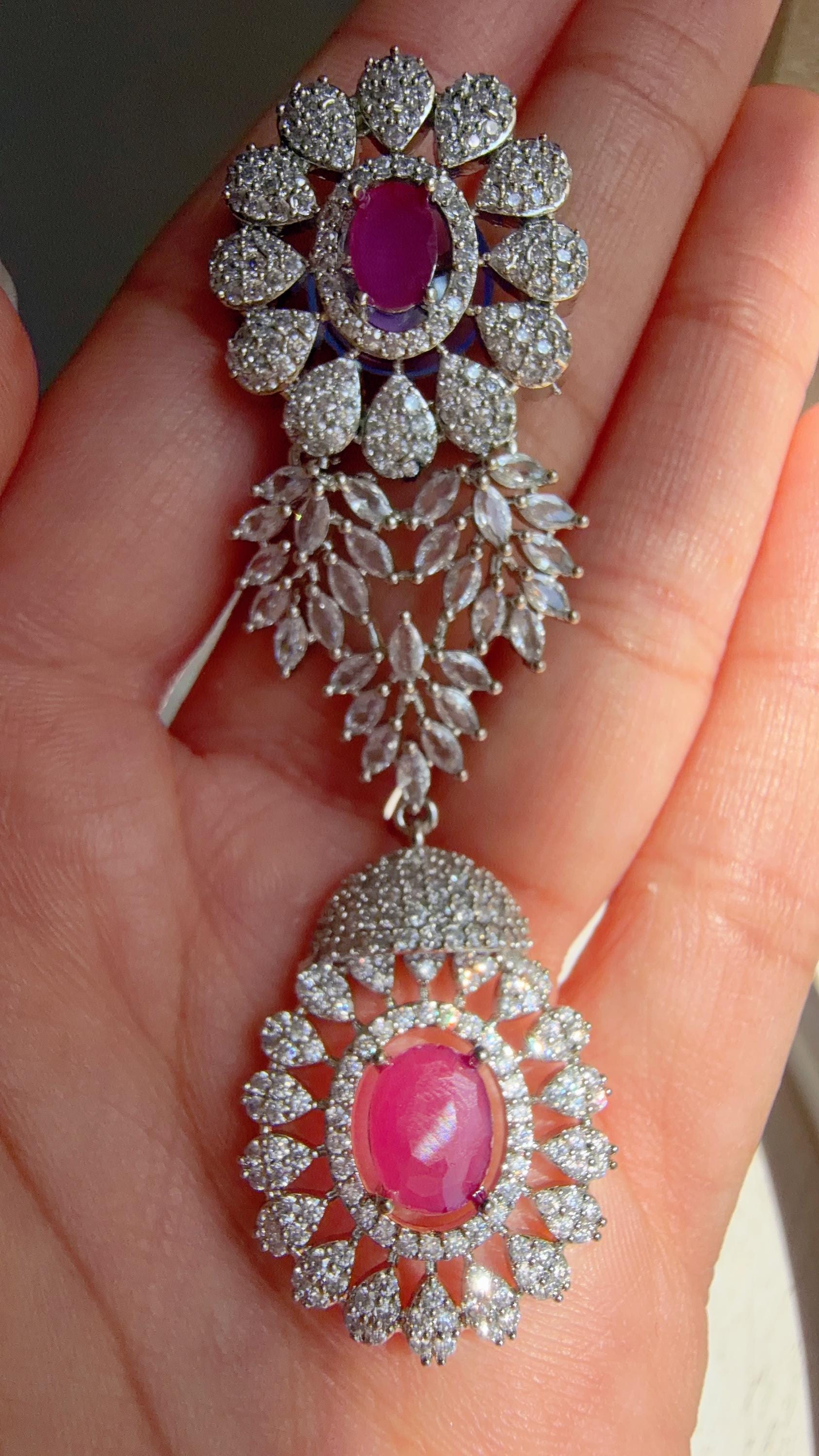 Pink Rhodium Bridal Necklace Set with Earrings and Maang Tikka | CZ Indian Wedding Jewelry | Statement Necklace - Kajol