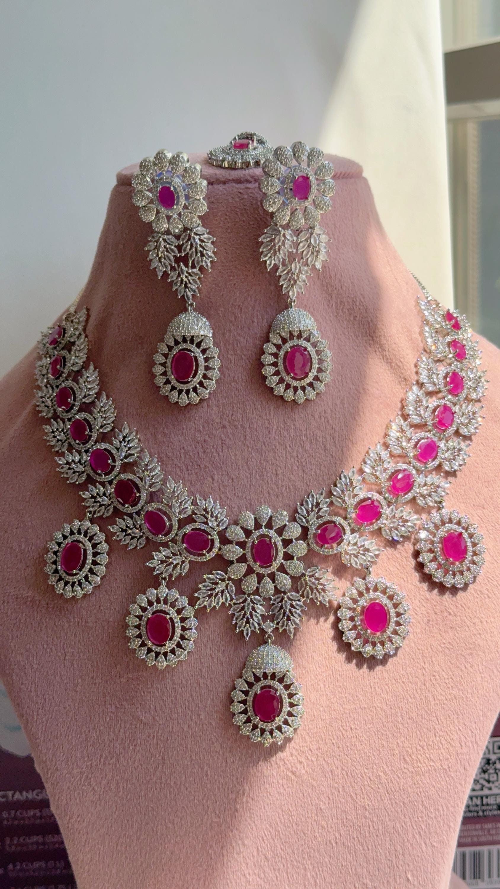 Pink Rhodium Bridal Necklace Set with Earrings and Maang Tikka | CZ Indian Wedding Jewelry | Statement Necklace - Kajol