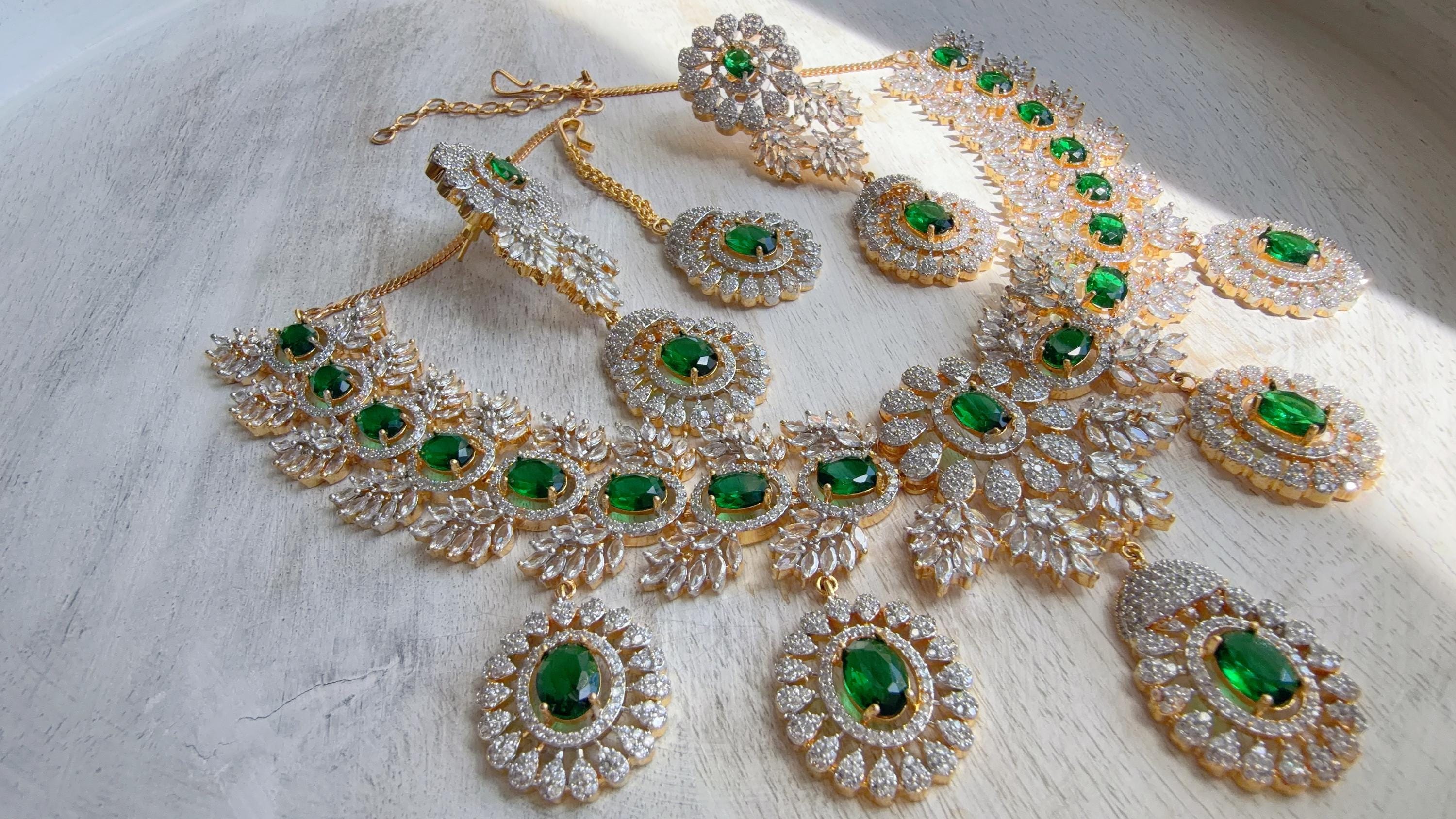 Emerald Green 2 Tone Bridal Necklace Set with Earrings and Maang Tikka | CZ Indian Wedding Jewelry | Statement Necklace - Kajol