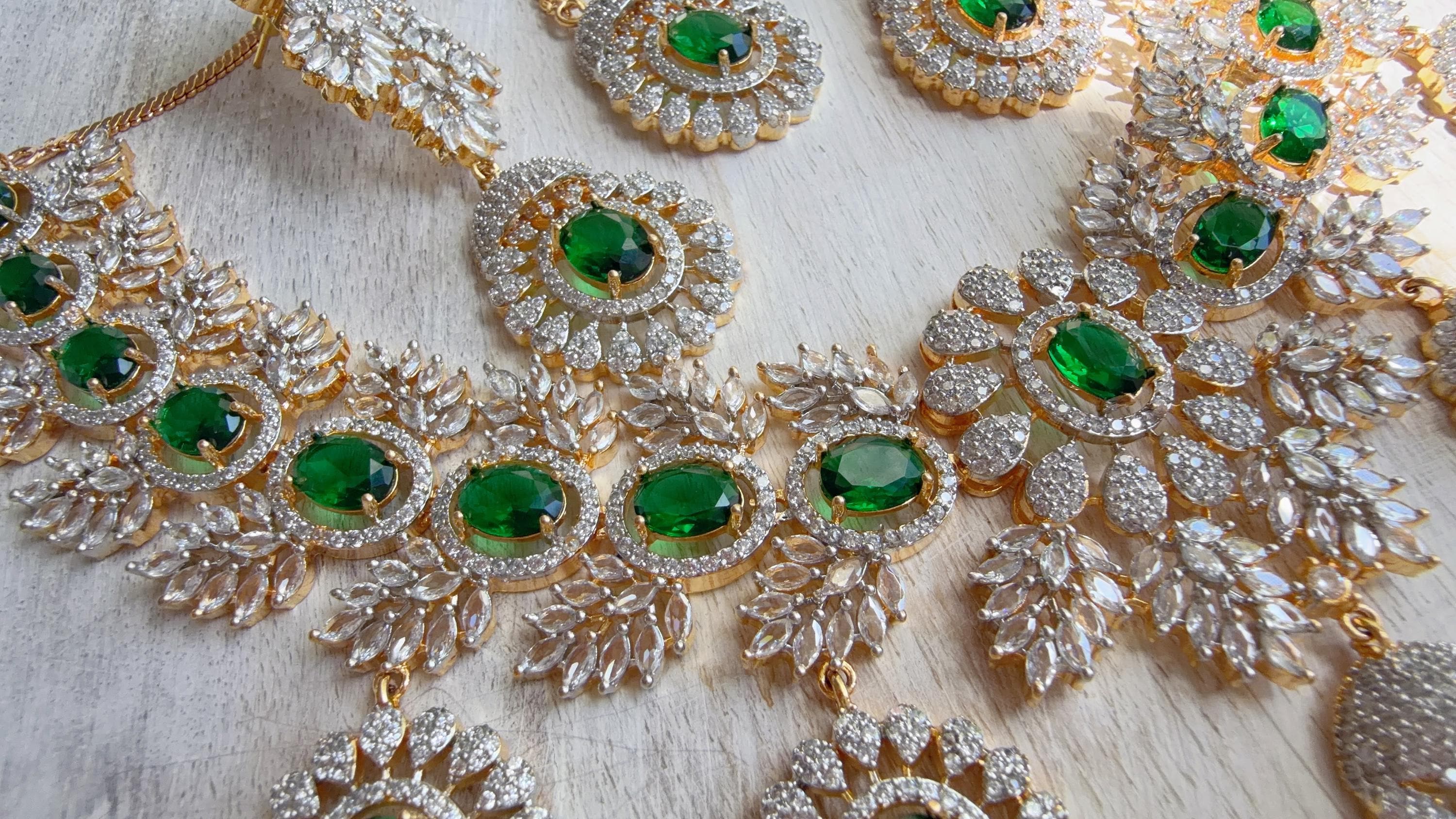 Emerald Green 2 Tone Bridal Necklace Set with Earrings and Maang Tikka | CZ Indian Wedding Jewelry | Statement Necklace - Kajol
